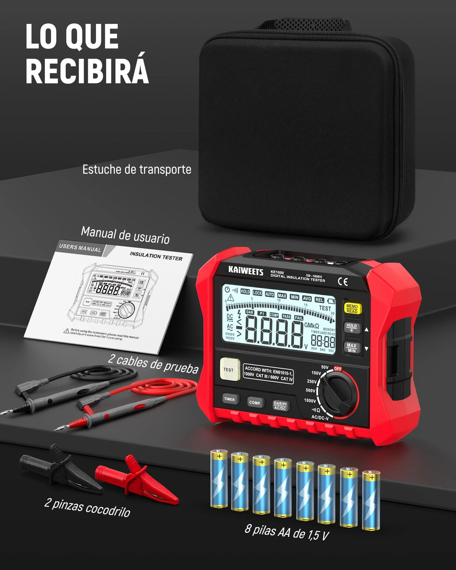 KAIWEETS Medidor de aislamiento de resistencia de aislamiento de hasta 100 GΩ, 50 V/100 V/250 V/500 V/1000 V, DAR/PI, con prueba de voltaje CA/CC para motores, solar, HVAC