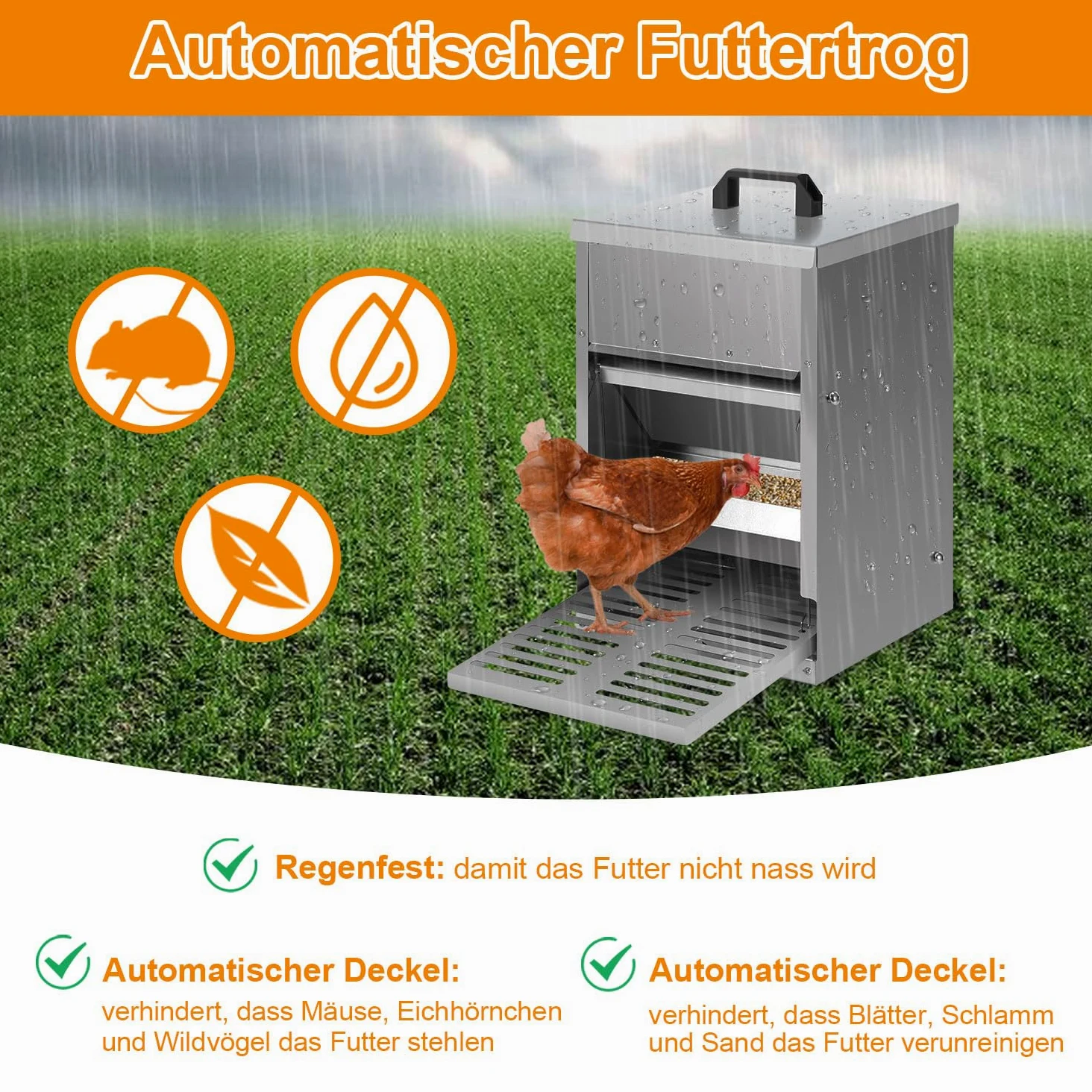 2 Dispensadores Pienso Automáticos para Gallinas, 5 kg, Galvanizado, Comedero para Pollos con Placa de Estribo, Tapa, Resistente al Agua, Comedero a Prueba de Ratas