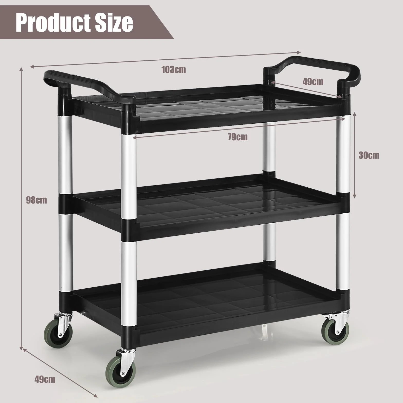 KOMFOTTEU Carro de Servicio de 3 Niveles, Carrito de Cocina con Ruedas, Capacidad de Carga 50 kg, 103 x 49 x 98 cm