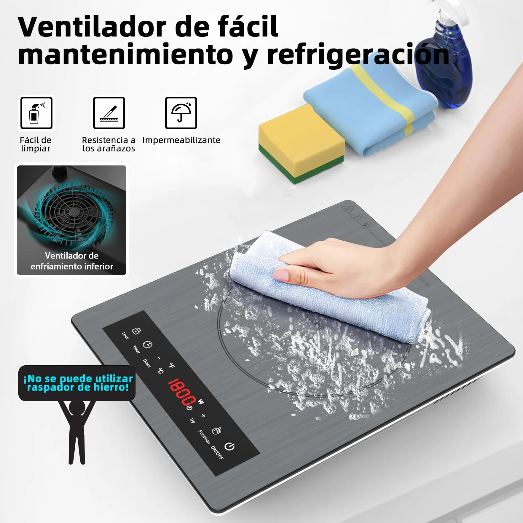 Placa de Inducción Portátil 1800W, 10 Niveles de Calentamiento, Temporizador, Bloqueo para Niños