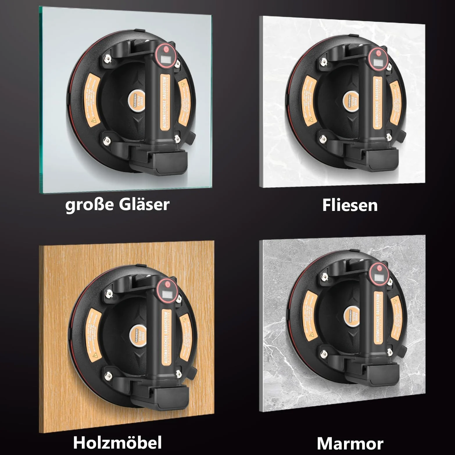 Con 4 baterías + pantalla digital, 2 ventosas de vacío eléctricas de 8 pulgadas | hasta. 300 kg, resistente transporte de cristal de ventana, azulejos de cerámica lisos, con succión automática
