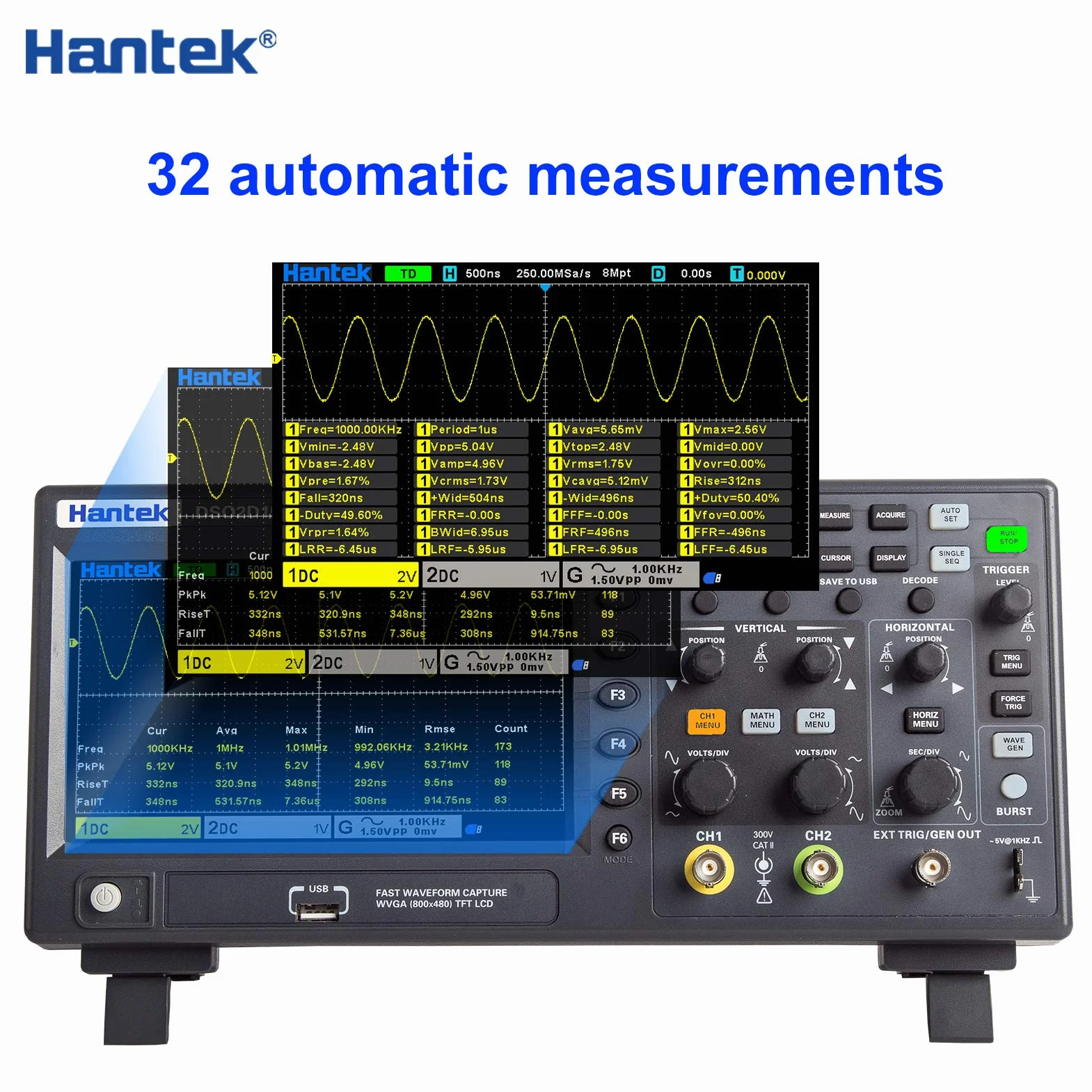Hantek DSO2D15 Digital Osciloscopio 2 canales 1GSa/S Almacenamiento Osciloscopio 150 MHZ Banda ancha Mano