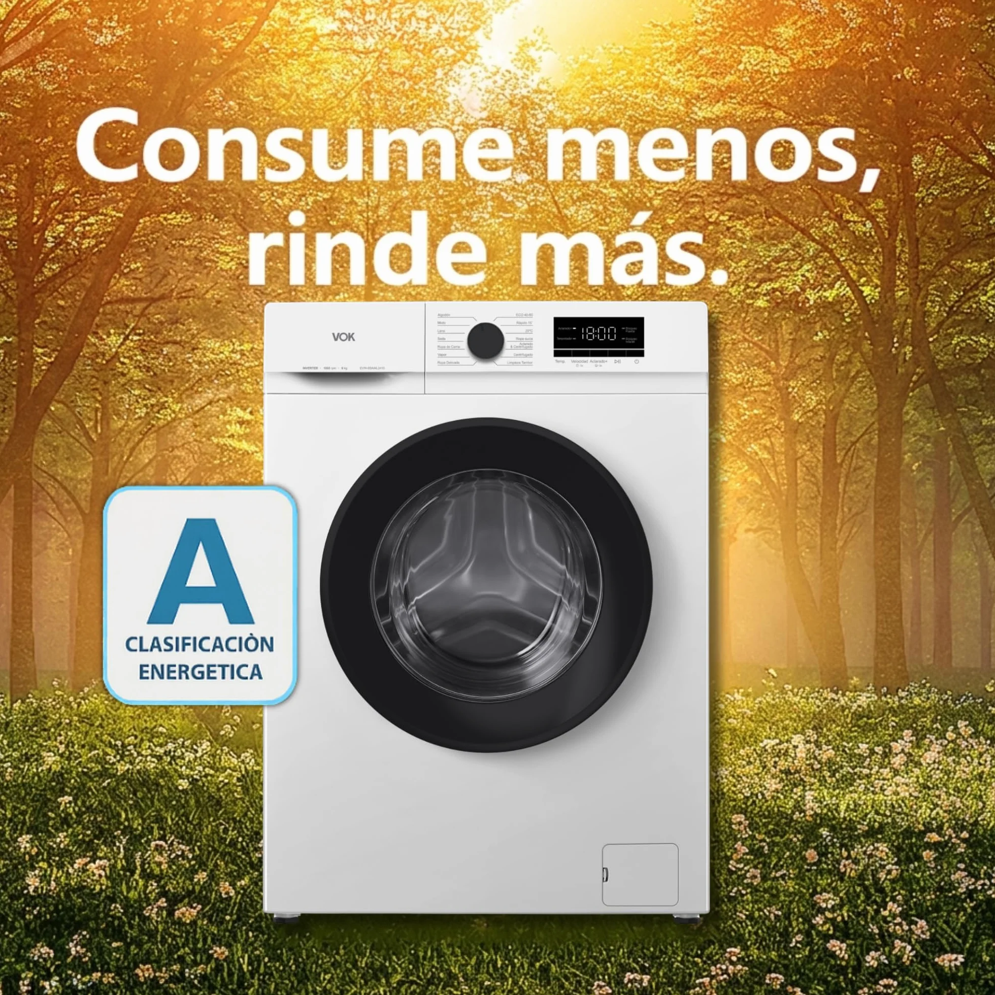 Lavadora VOK EVW-6BAWL2410 6kg 1000 RPM Motor Inverter Clase A Fondo Reducido 42cm Blanca