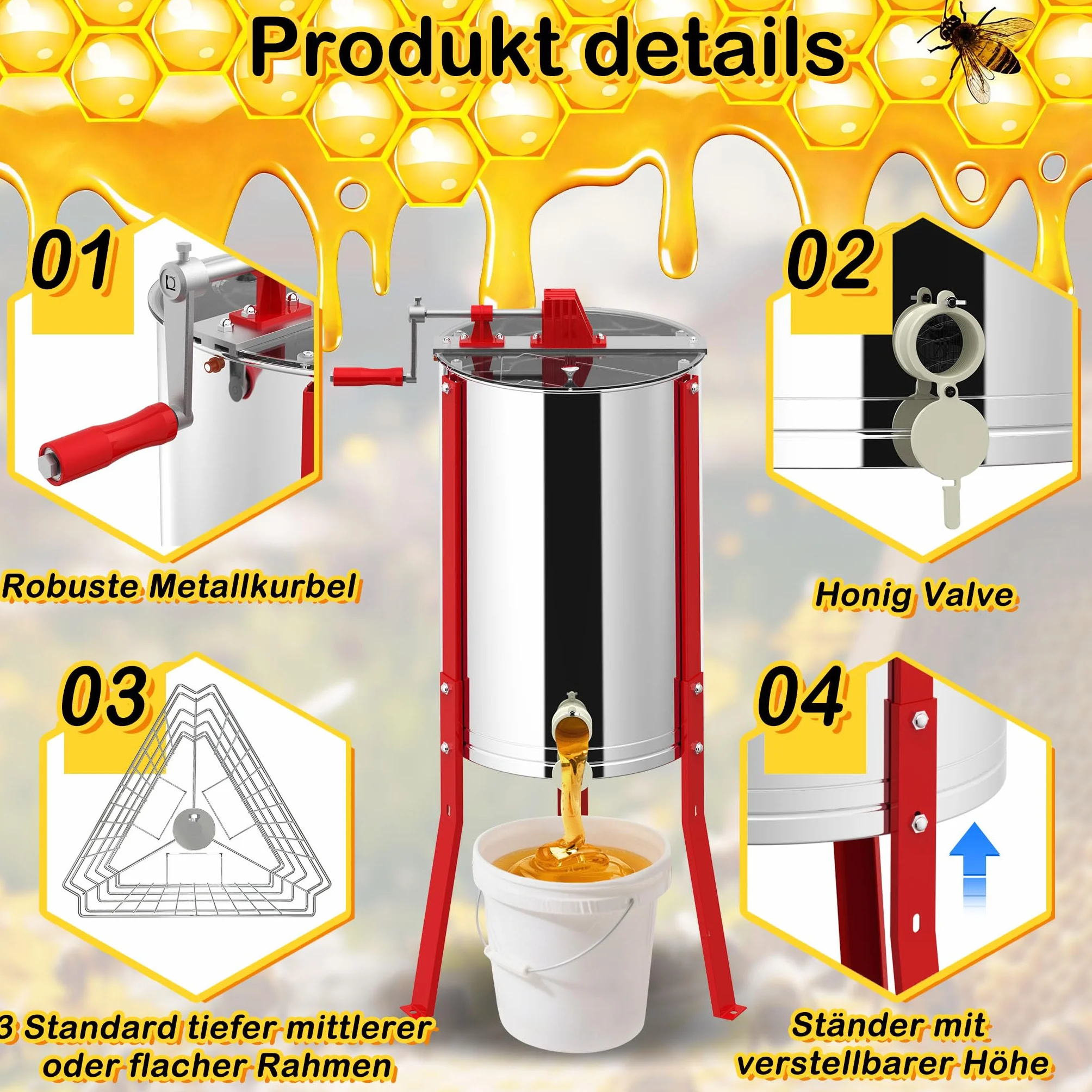 UISEBRT Extractor de miel manual de acero inoxidable con 3 panales, extractor de miel con tapa y soporte ajustable, 101-111 cm, exprimidor de miel manual para apicultores, diámetro de 38 cm