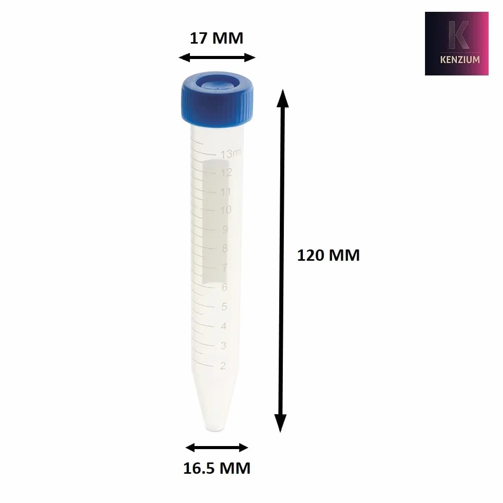 KENZIUM – Pack 20 x Tubo de Centrífuga | Graduado | Con Tapón de Rosca Azul y Zona de Escritura Mate | Fondo Cónico | 15 ml | Autoclavable | Ideal para Educación y Laboratorio