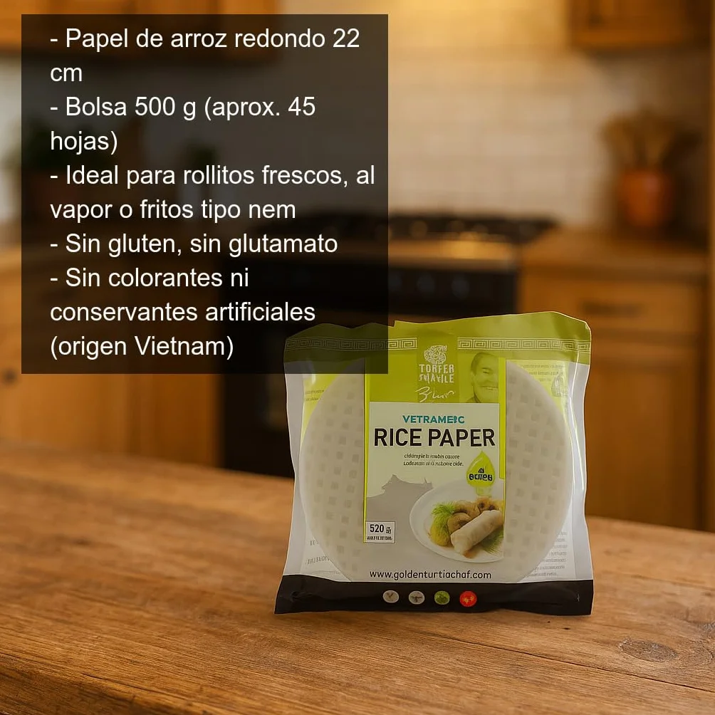 Papel de arroz redondo 22 cm 500 g 45-50 hojas sin gluten para rollitos vietnamitas