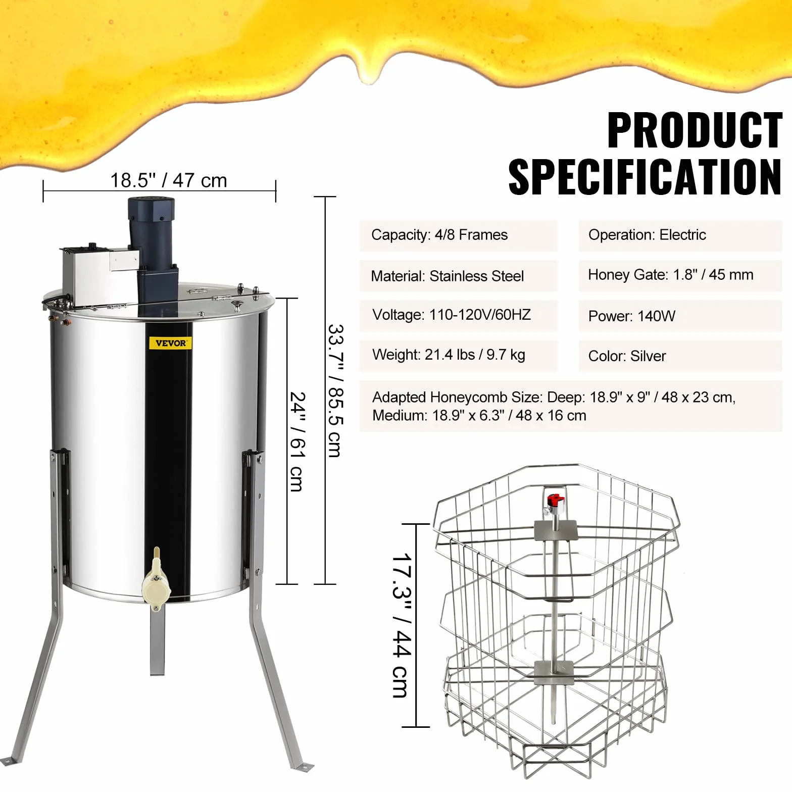 VEVOR Extractor de Miel Eléctrico 4/8 Marcos Centrífuga Separador de Miel 140 W de Acero Inoxidable con Tapa Adecuado para Nido de Abejas Tamaño Profundo 48 x 23 cm Mediano 48 x 16 cm Altura Ajustable