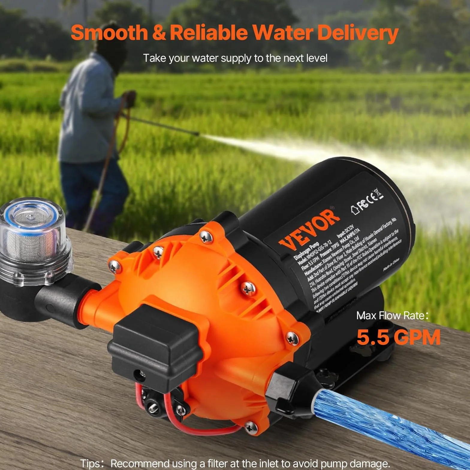 VEVOR Bomba de Diafragma de Agua 12 V 5,5 GPM 70 PSI Ajustable 40-100 PSI Autocebante con Presostato