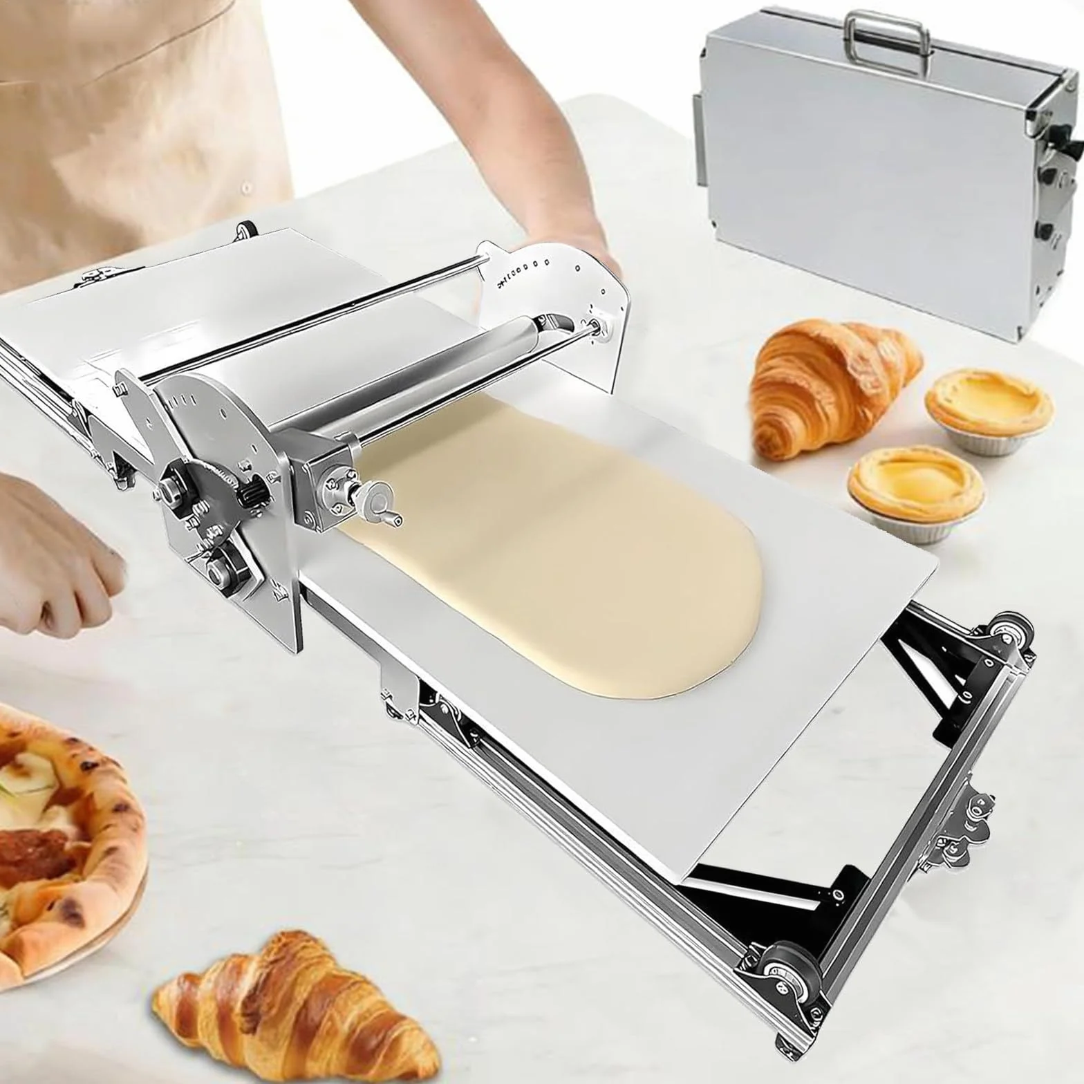 Laminadora De Masa Plegable, Laminadora Eléctrica De Acero Inoxidable, Grosor Ajustable De 1,8 a 3 Cm, Laminado hacia Adelante Y hacia Atrás, para Hojaldre Y Pastelería.