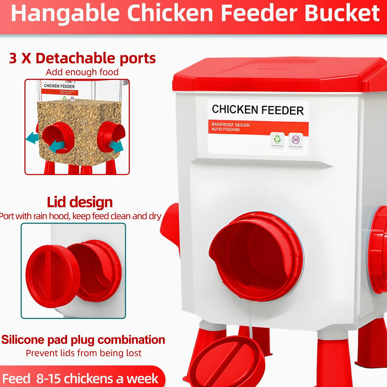 Juego de comedero de pollo de 12 kg y bebedero de 11 L, comederos y bebederos de pollo, comederos de pollo sin residuos, comedero de aves de corral al aire libre con patas desmontables hasta