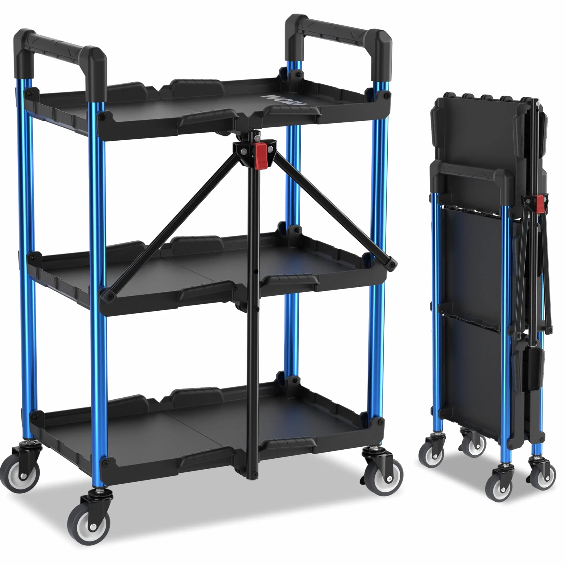 WORKPRO Carro de Servicio Plegable 3 Niveles, Capacidad de 96 kg, Carro Portátil para Herramientas, Ideal para Garaje, Almacén, Hogar, Restaurante, Oficina (Sin Montaje)