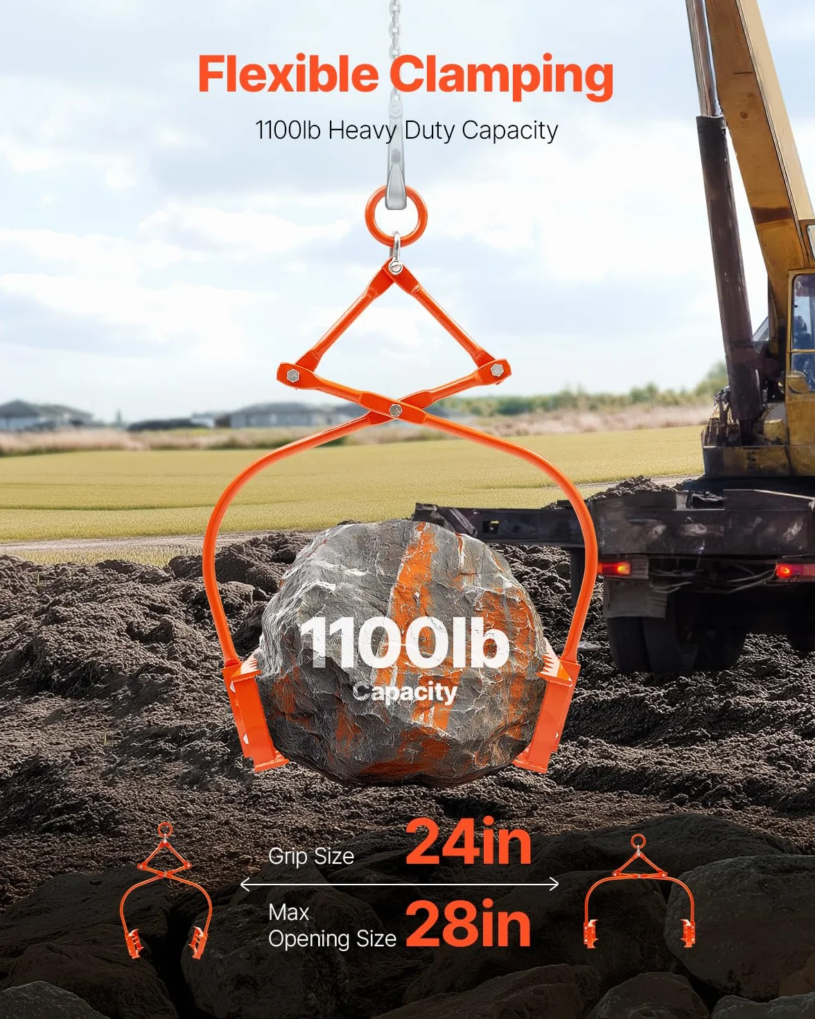 VEVOR Pinzas para Levantar Piedras Apertura Ajustable de 609 a 710 mm Pinzas para Rocas 2 Garras Pinzas para Troncos de Acero Capacidad de Elevación de 500 kg para Troncos Bloques de Piedra Mármol
