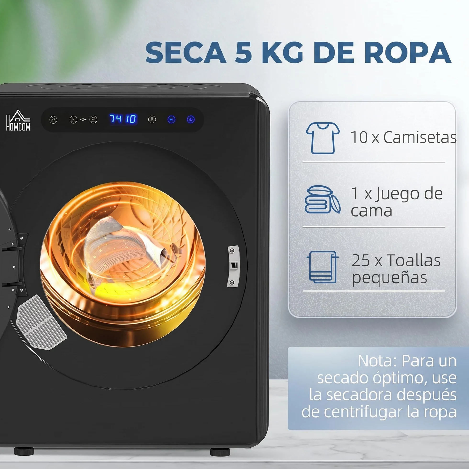 HOMCOM Secadora de Evacuación 5 KG 1000W Tambor Inox Negro