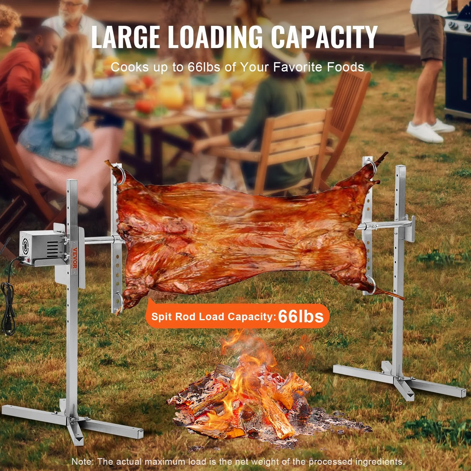 VEVOR Parrilla de Cordero 60 kg Parrilla de Barbacoa para Cerdo, Cordero, Cabra, Motor eléctrico de 52 W Asador Comercial de Acero Inoxidable con Escudo térmico, Longitud de asador de 1445 mm