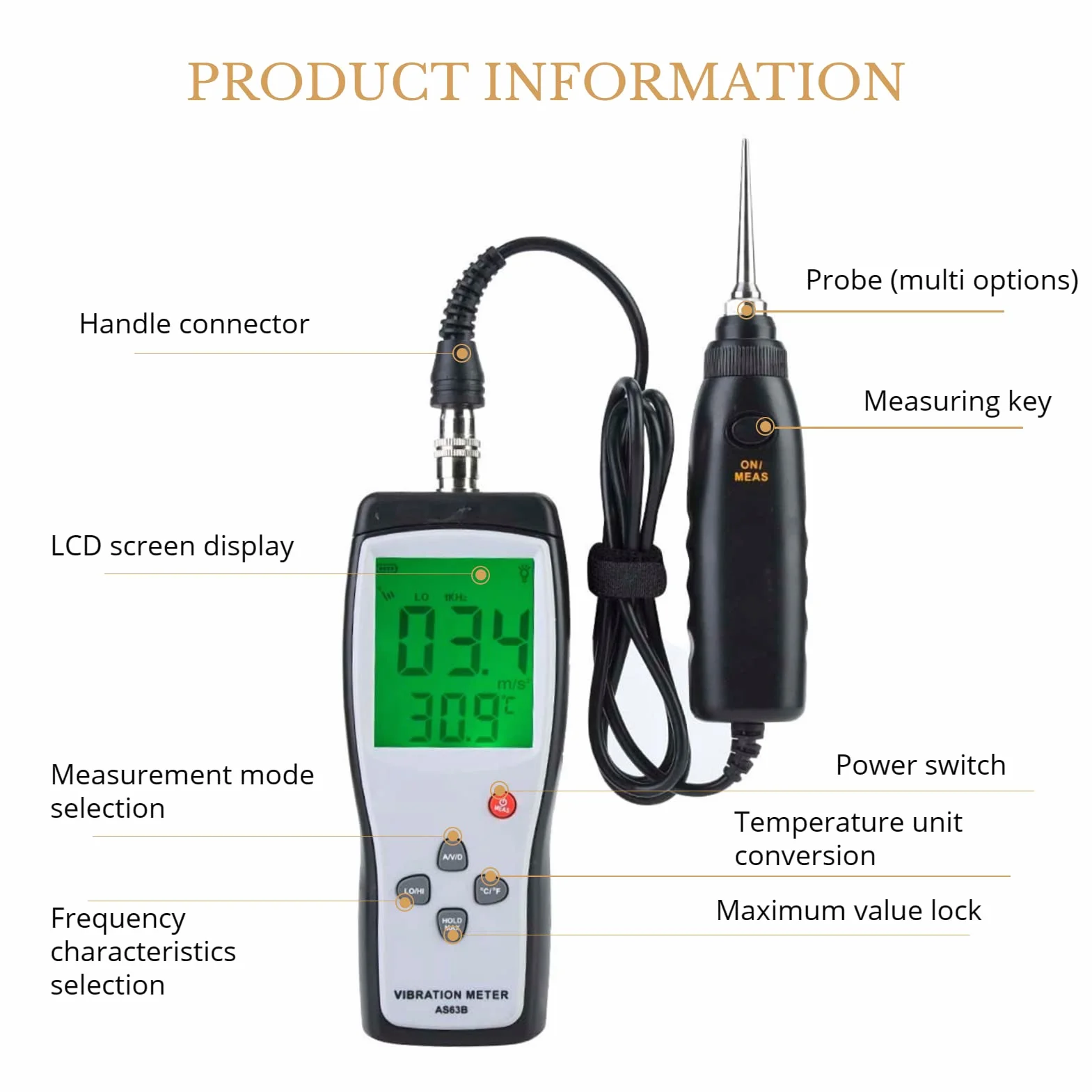 Probador de Vibraciones, AS63B Pantalla LCD Retroiluminación Analizador de Medidor de Vibrómetro Portátil, Vibrómetro de Alta Sensibilidad Medidor de Vibración Digital con Estuche de Almacenamiento