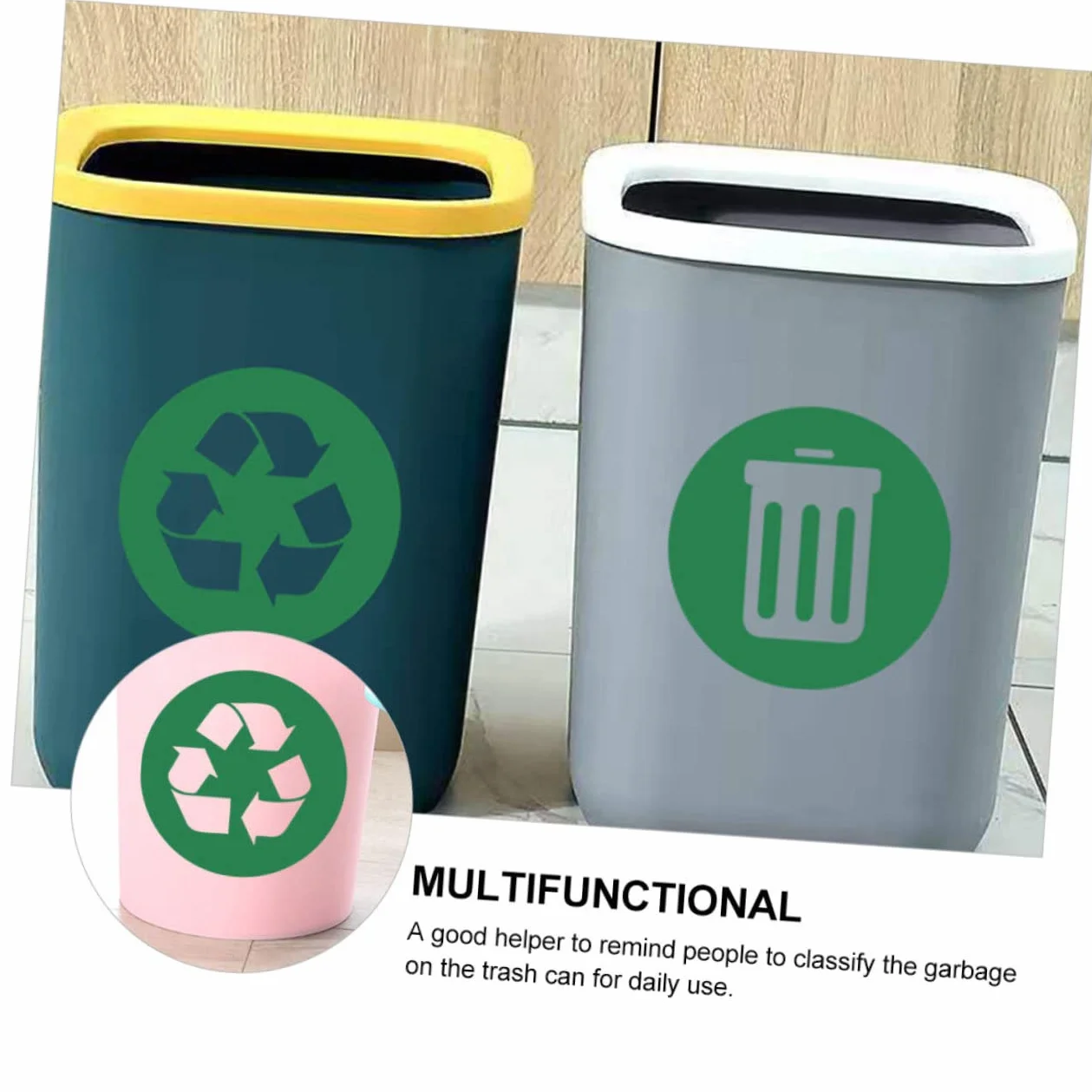 Pegatinas de Reciclaje PVC Adhesivas Pequeñas para Cubo de Basura Clasificación Residuos Hogar Oficina