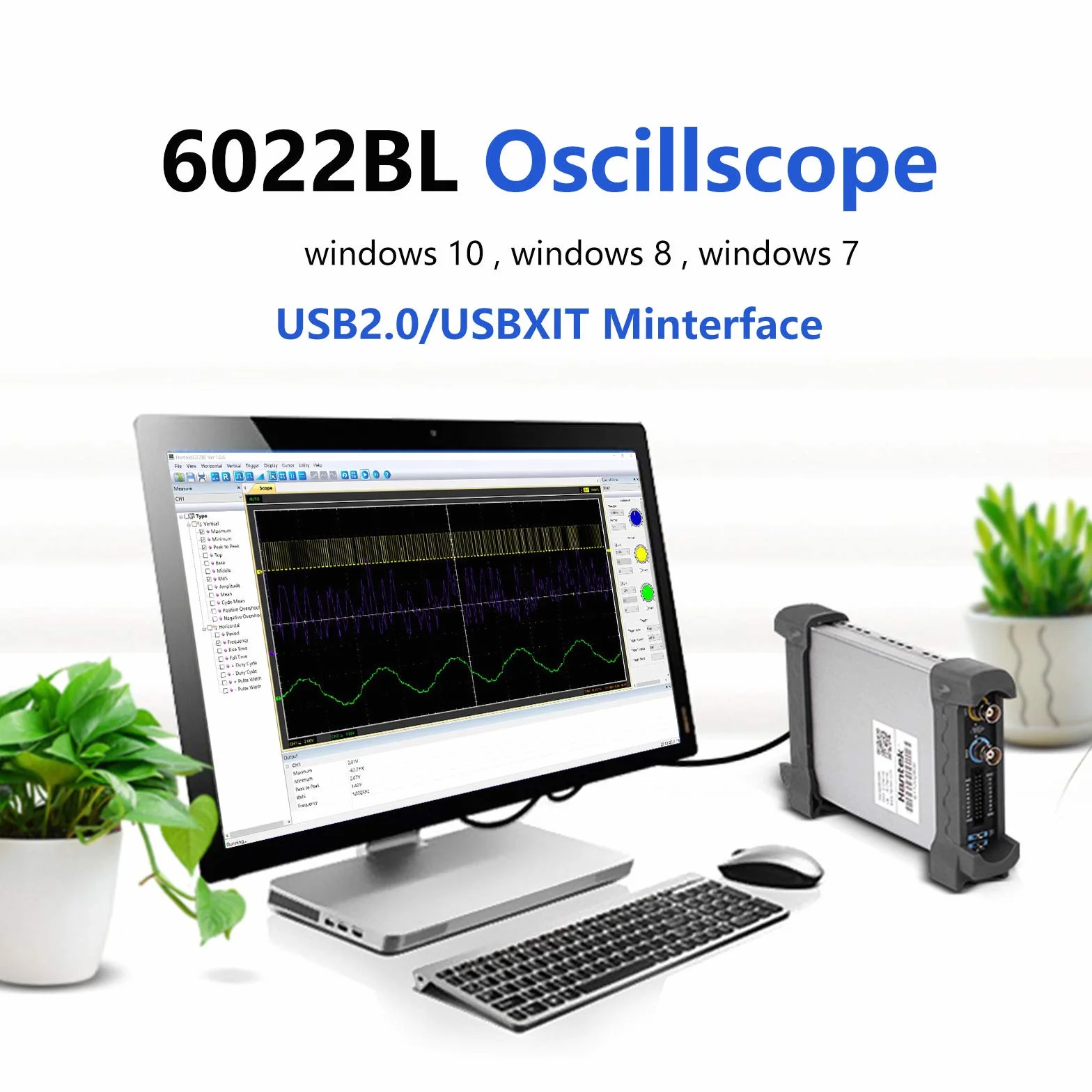 Hantek 6022BL PC USB Osciloscopio 2 Canales Digitales 20MHz Ancho de Banda 48MSa / s Frecuencia de Muestreo 16 Canales Analizador Lógico