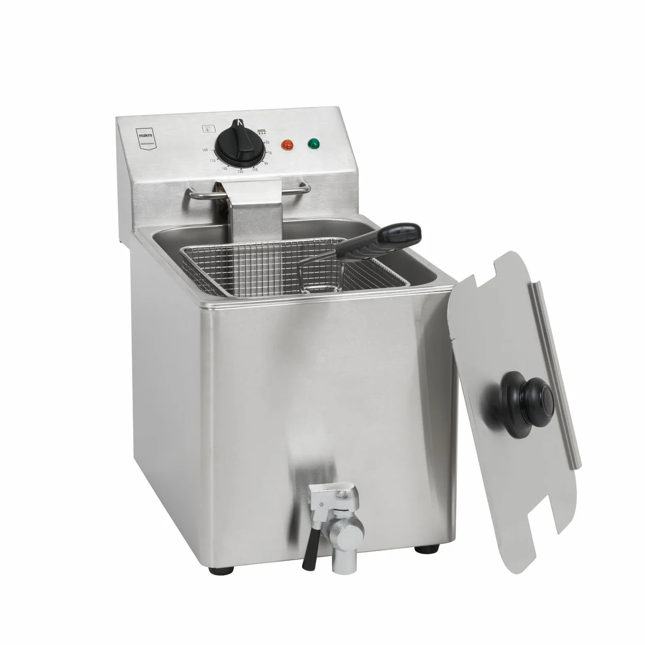 METRO Professional Freidora Eléctrica GDF3008, Acero Inoxidable, 8 L, Termostato Ajustable, Indicadores Luminosos, Asas Resistentes al Calor, 3250 W, Plateada