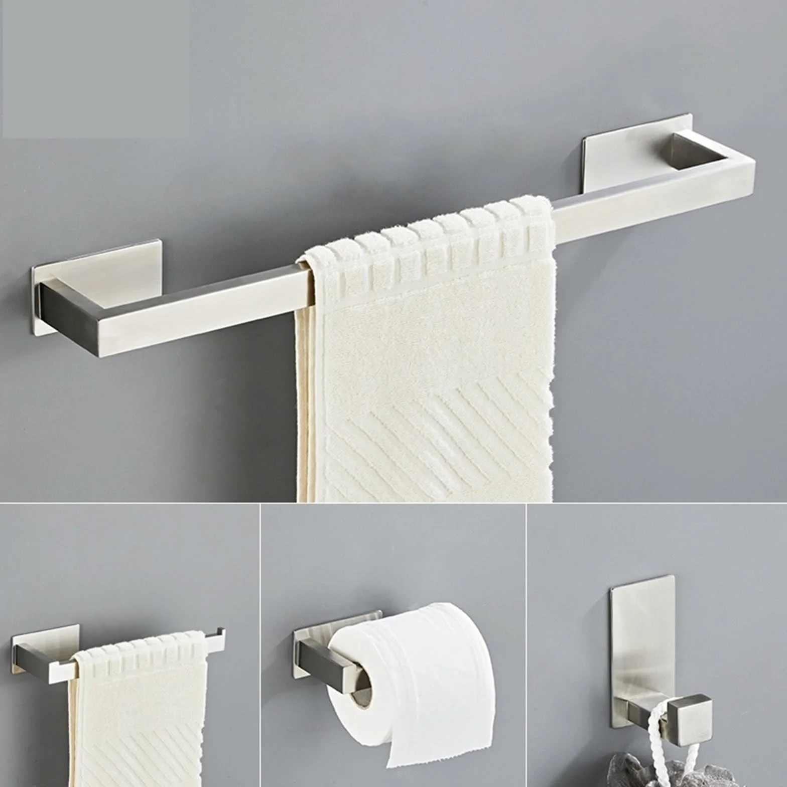 Juego de Accesorios de Baño de Acero Inoxidable Plateados, Toallero, Soporte de Papel Higiénico, Gancho, 4 Piezas
