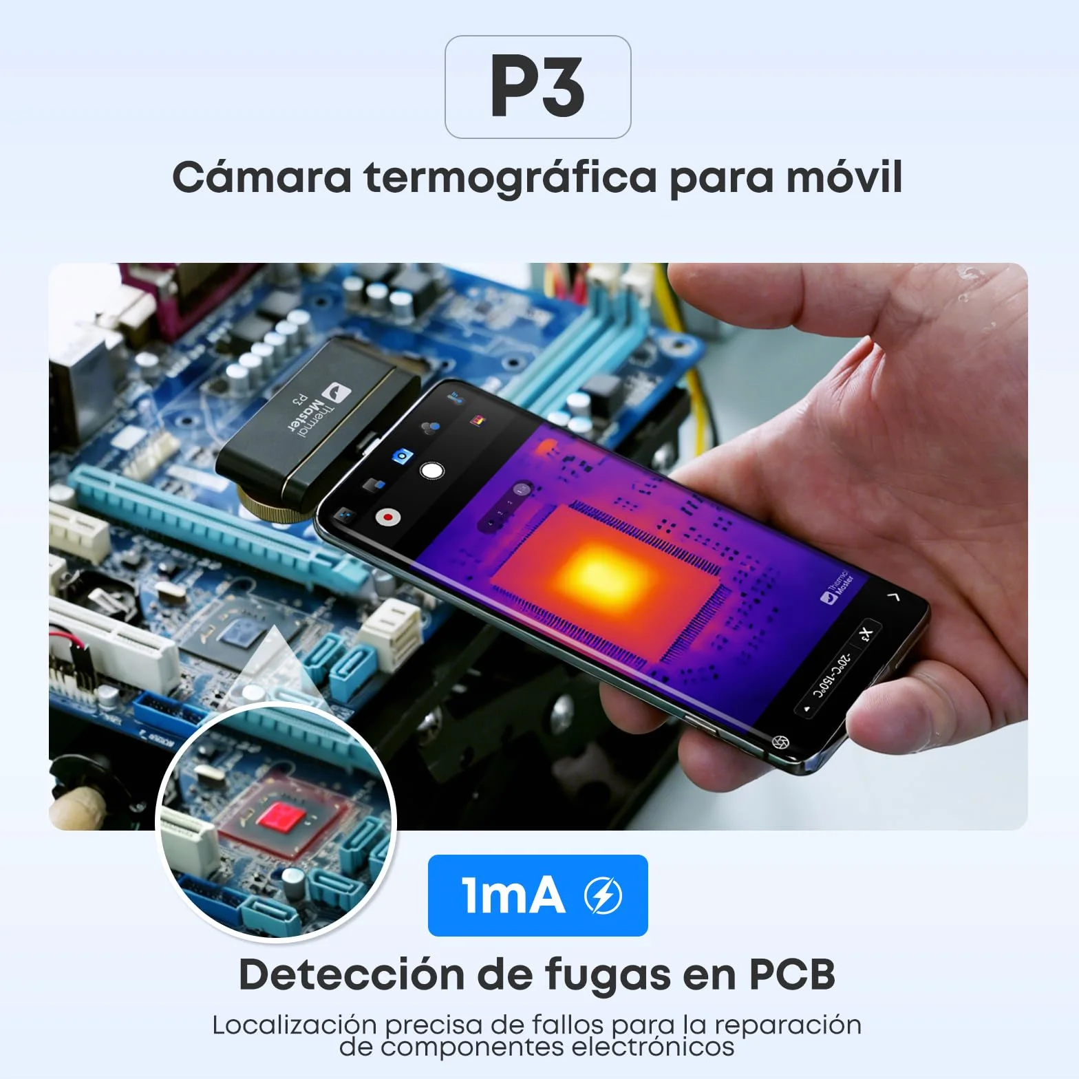 P3 Cámara Térmica Infrarroja para Android/iOS/PC | 512x384 X³ Super IR Resolution | Lente Macro 8mm | Detección PCB 1mA | -20°C a 600°C | Para Climatización y Electrónica