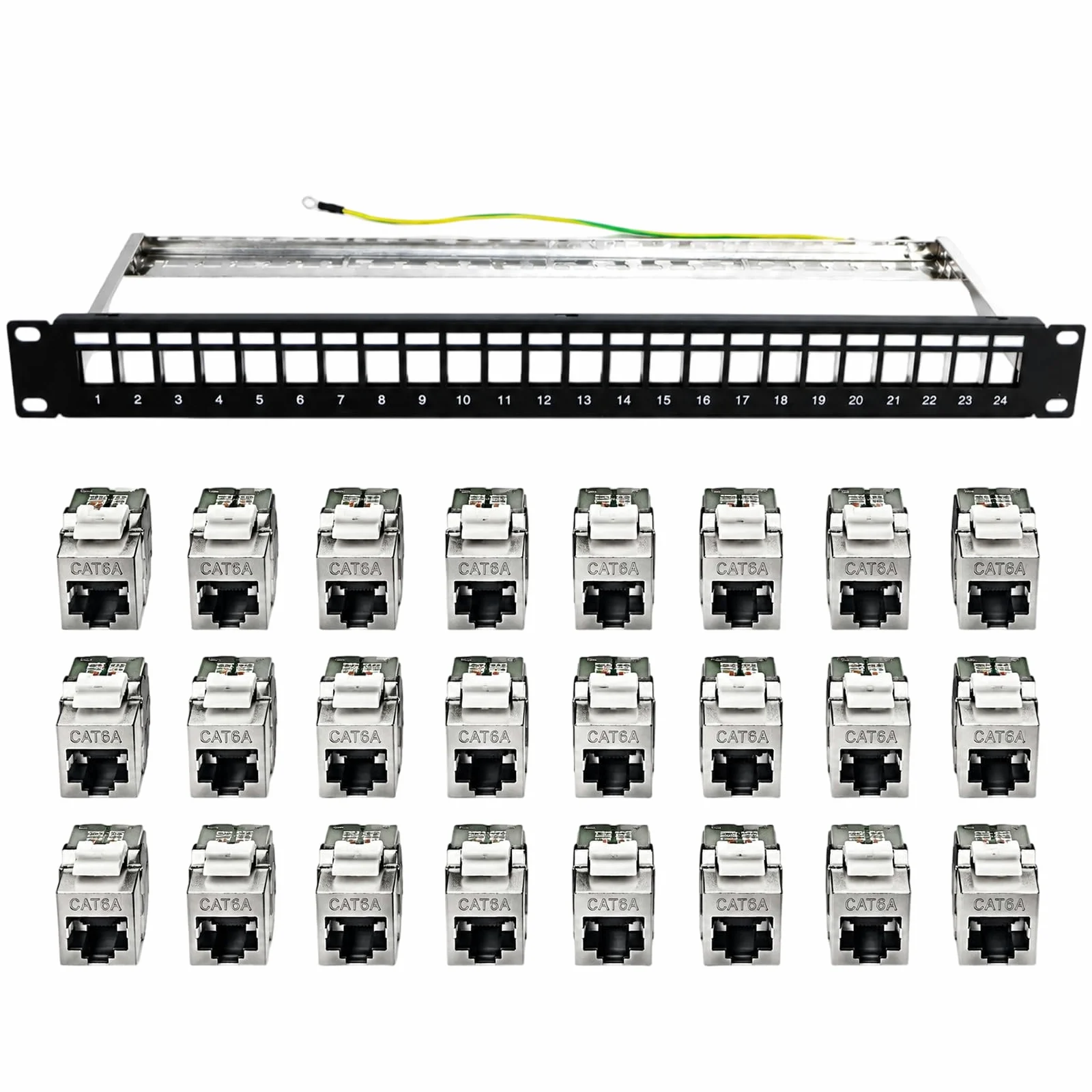 Panel de conexión de 19 pulgadas y 24 puertos, panel de conexiones blindado con módulos Keystone, acoplamiento CAT 7 Keystone RJ45, panel de conexiones 1U en blanco para rack de red