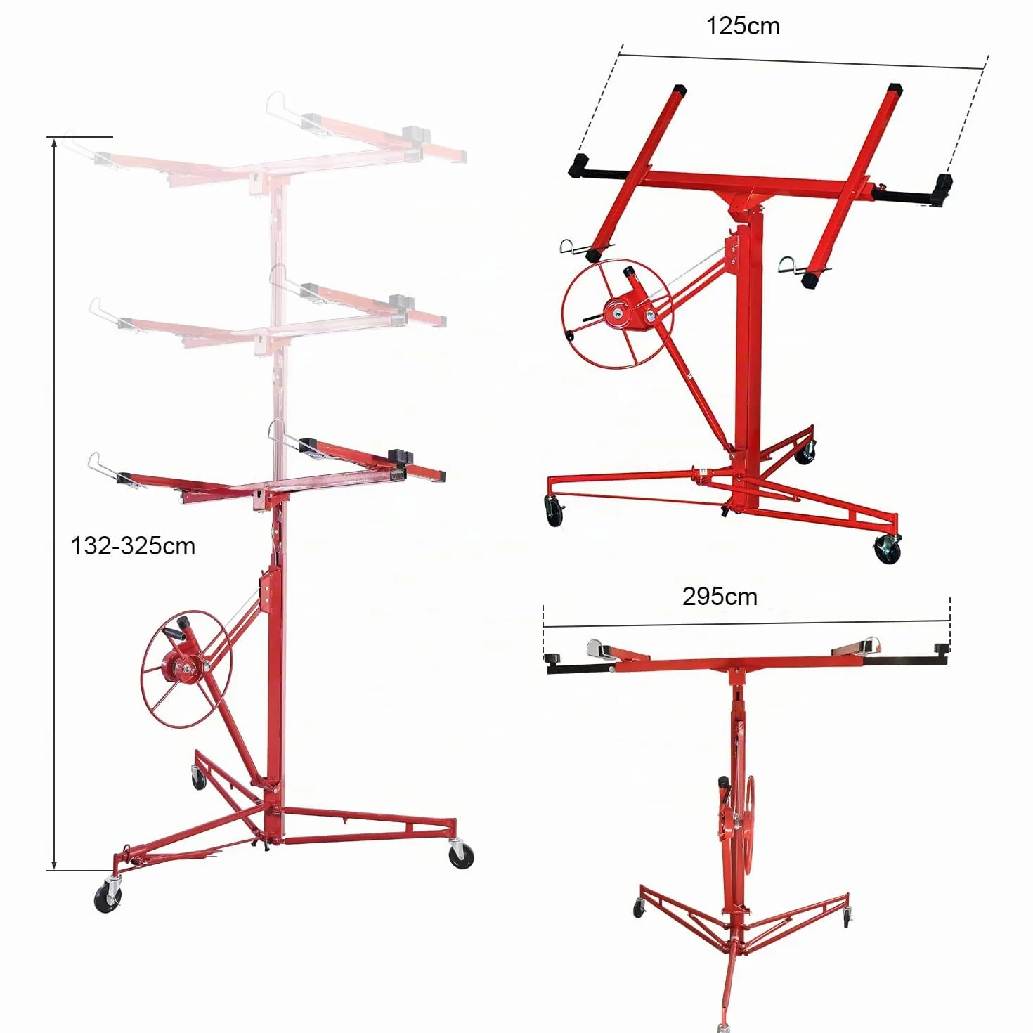 Soporte elevador XXL para placas de yeso, altura de trabajo ajustable de 132-325 cm, brazo de carga máx. de 295 cm y capacidad de carga de 68 kg, plegable, ayuda de montaje para yeso y
