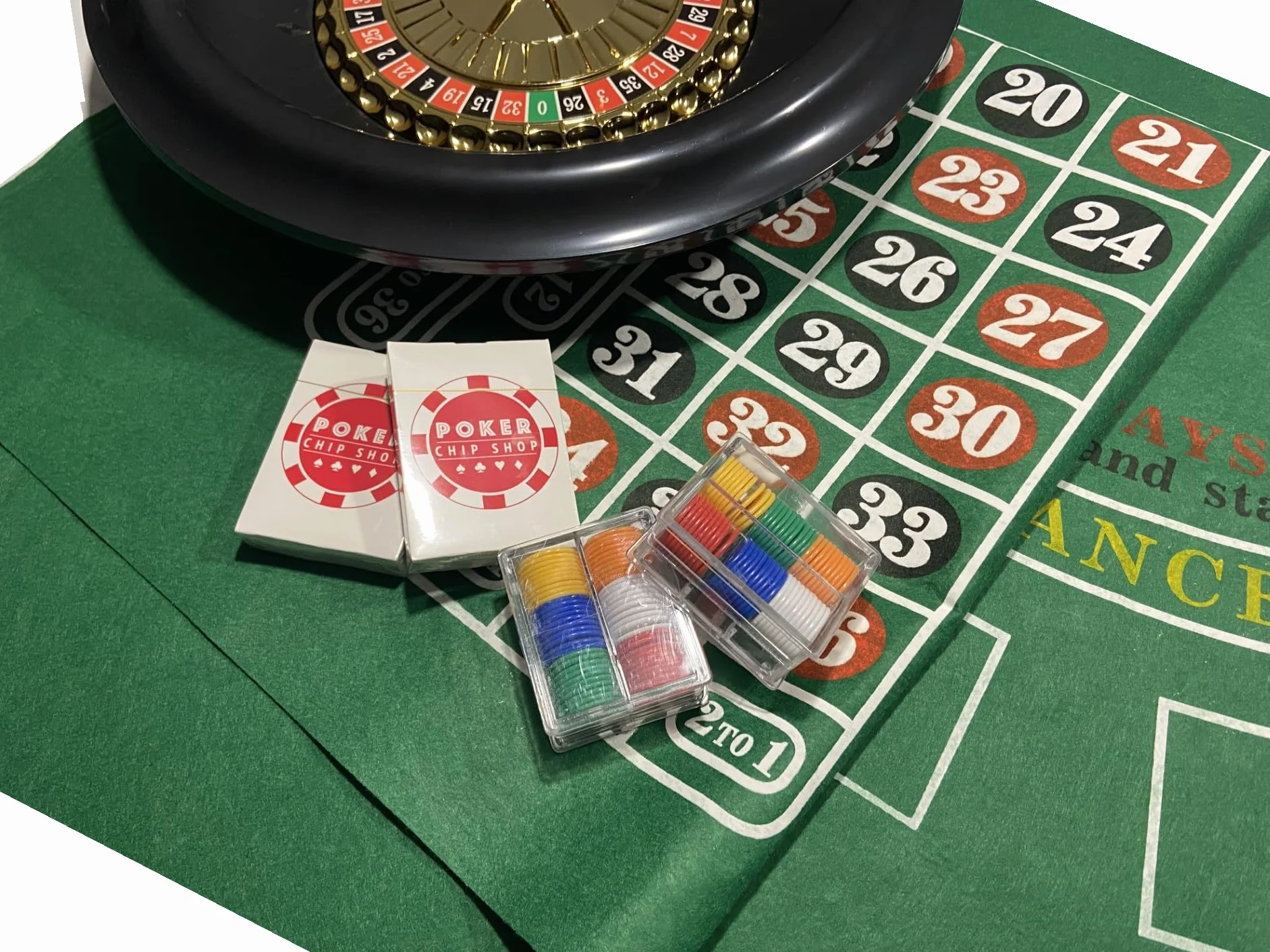 BOXED ROULETTE SET - Large Wheel, Felt, Rake, Balls, Marker + 50 Chips