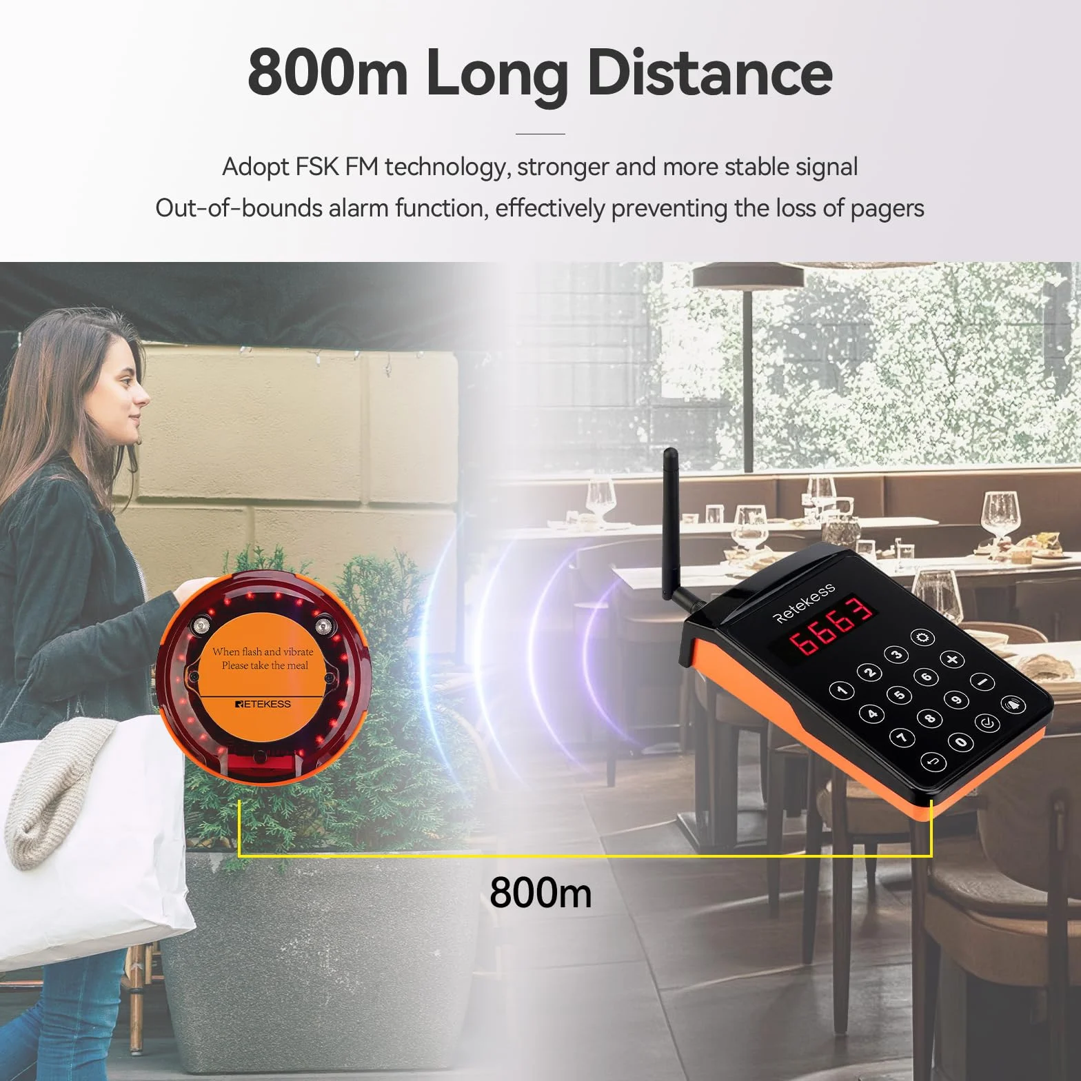 Retekess TD156 Buscapersonases Restaurante, 800M Avisadores Hosteleria, IP66 Impermeable, Goma a Prueba de Caídas, Batería 500 mAh 48H, Sistema de Llamadas para Logística, Hotele, Parque Acuático