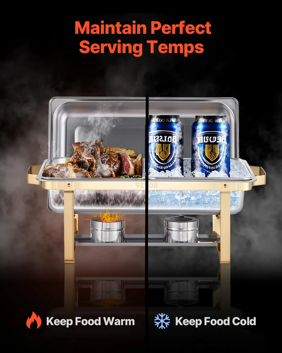 VEVOR Juego de Calentador de Alimentos Acero Inoxidable 2 Cacerolas 7,5L 4 Cacerolas 4L Rectangular Catering Tapa Soporte Dorado