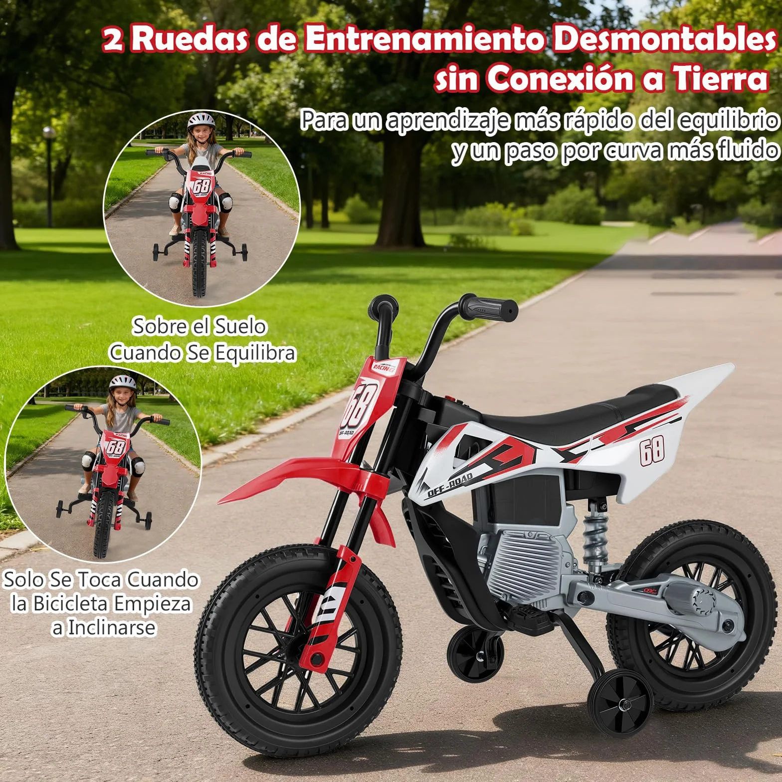 COSTWAY Motocicleta Eléctrica Infantil 12V con Ruedas de Entrenamiento Desmontables y Suspensión de Resorte (Rojo)