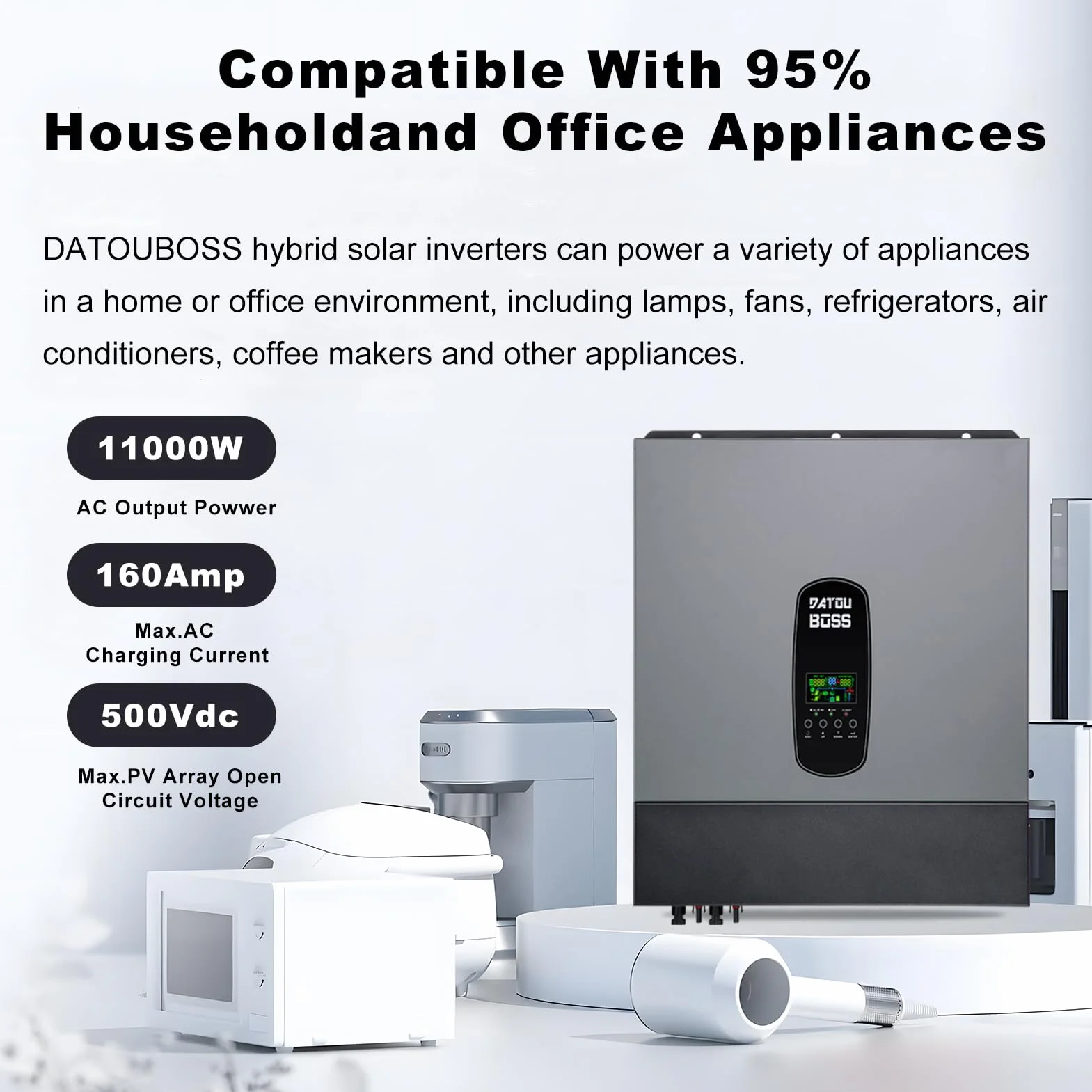DATOUBOSS 11KW Inversor Híbrido 48V,Inversor Solar Híbrido 48V de Onda Sinusoidal Pura,Admite Funcionamiento en Paralelo y Funcionamiento Sin Batería 150A MPPT,Admite baterías de Plomo-ácido y Litio