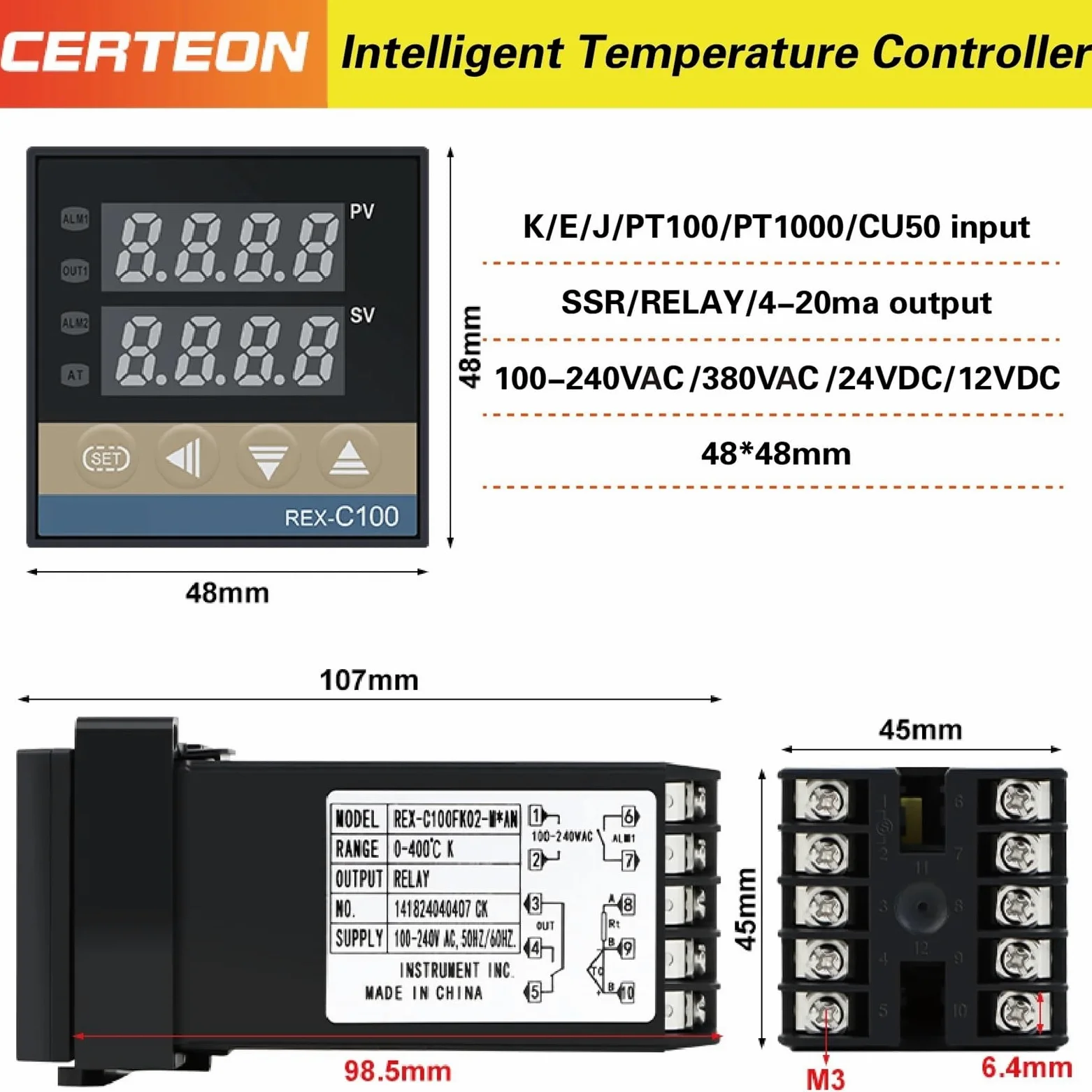 Controlador de temperatura PID digital REX-C100, salida de relé de estado sólido, instrumento de termostato industrial(WHITE)