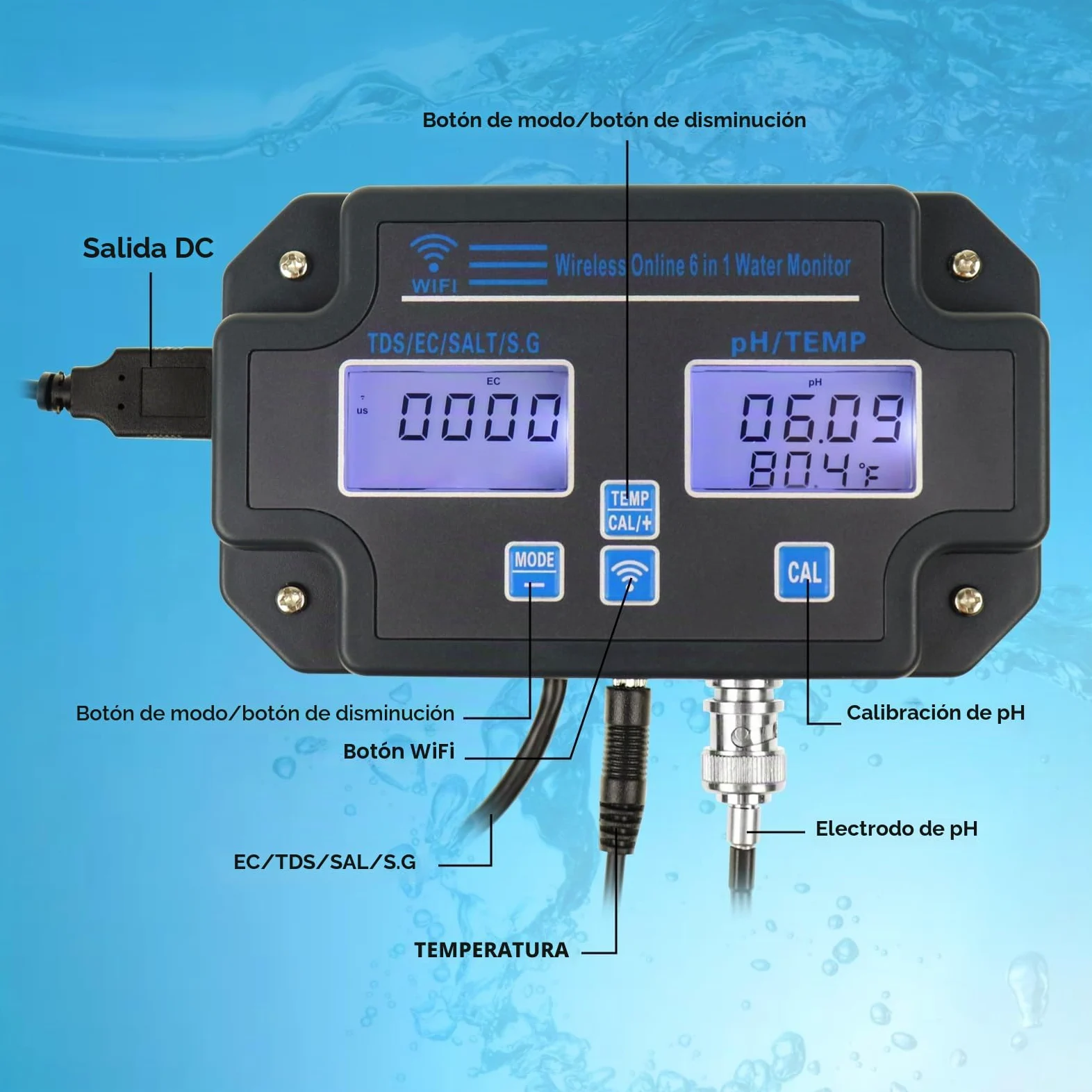 Monitor Profesional 6 en 1 para Medir la Calidad del Agua pH, TDS, EC, Salinidad, SG y Temperatura Sensor Inteligente Wi-Fi con Aplicación y Eegistro de Datos para Acuarios e Hidroponía