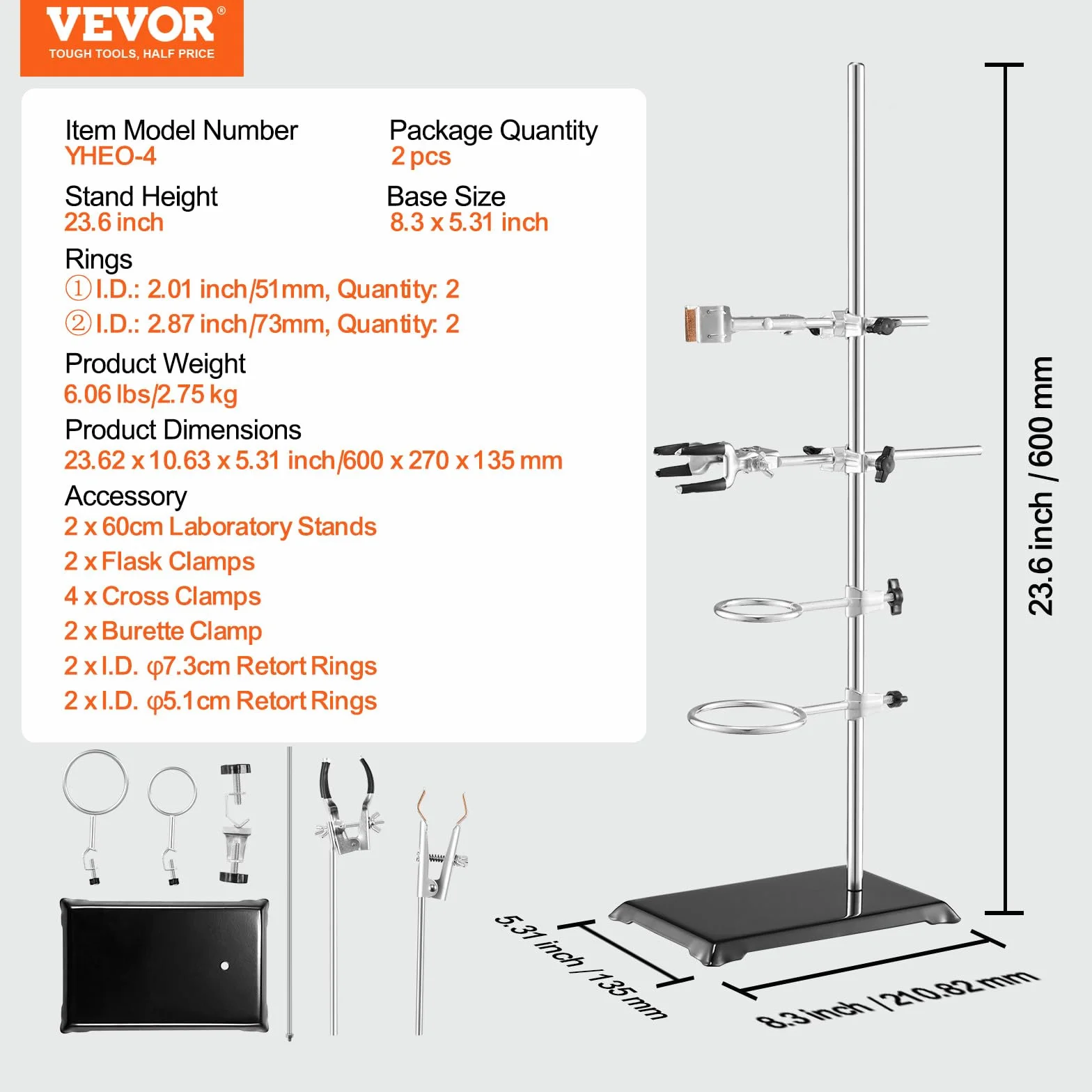 VEVOR Soporte de Laboratorio 2 Juegos Acero Varilla 60cm Base Hierro Fundido 210,82x135 mm con Abrazaderas