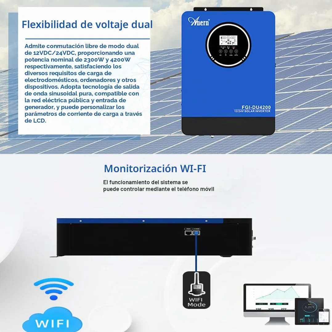 Anern Inversor Híbrido Solar 2KW 4KW CC 12V/24V a CA 220V/230V Inversor Doble Voltaje,Integrado Controlador De Carga Solar MPPT 100A,Interfaz BMS y Comunicación de Batería,PV 55V-500VCC