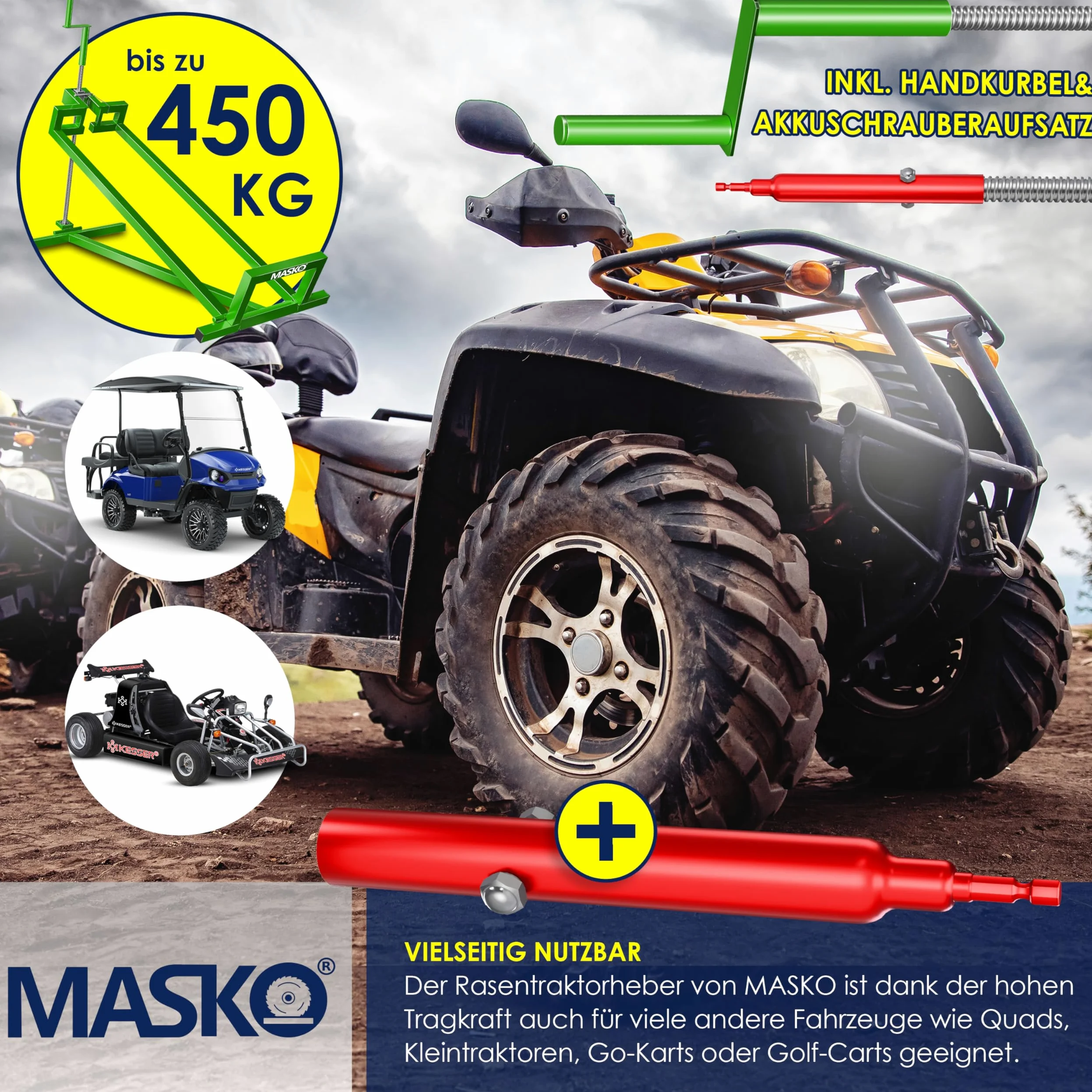 MASKO Elevador de tractor de césped 450 kg, plataforma elevadora, inclinación ajustable +45°
