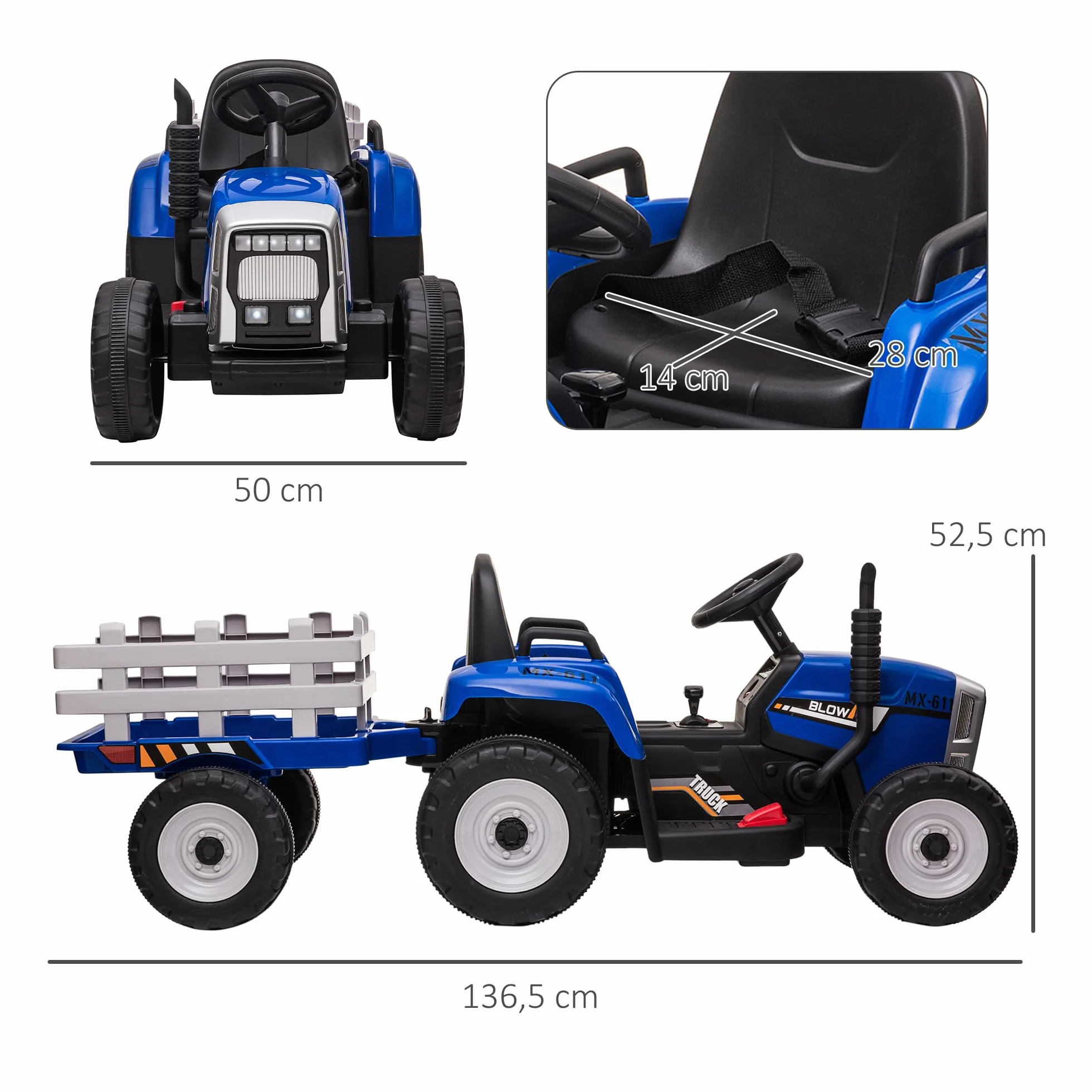 HOMCOM Tractor Eléctrico con Remolque Desmontable para Niños 3-6 Años Control Remoto Música MP3 Luces 136,5x50x52,5 cm Azul