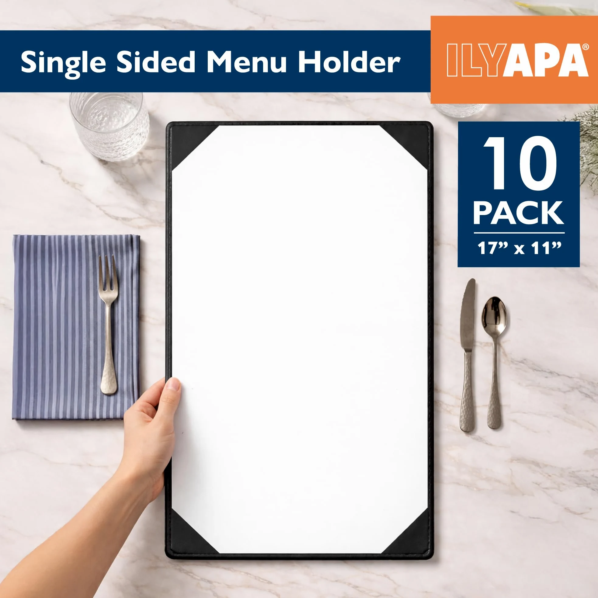 Ilyapa Paquete de 10 fundas para menú de restaurante de 11 x 17 pulgadas, soporte de menú de cuero de vinilo, libro de una sola cara con fundas de esquina para mostrar menús de boda, especiales