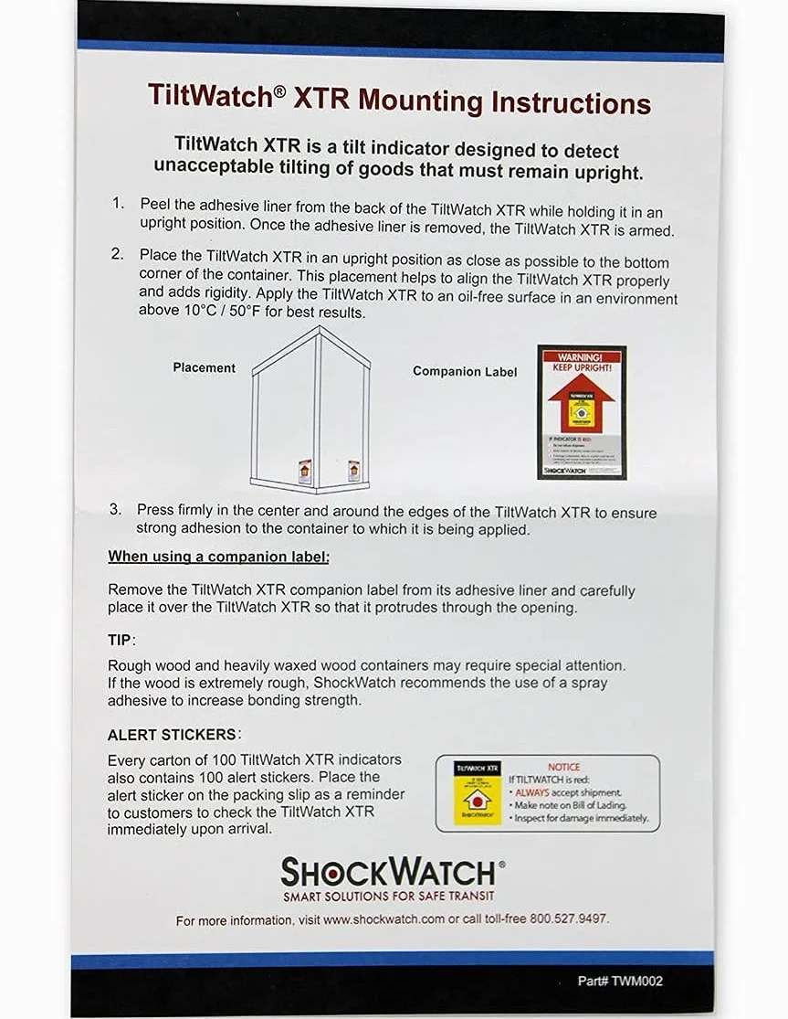 TiltWatch XTR Indicador de Vuelco para Transporte de Mercancías | Pack de 20 Unidades