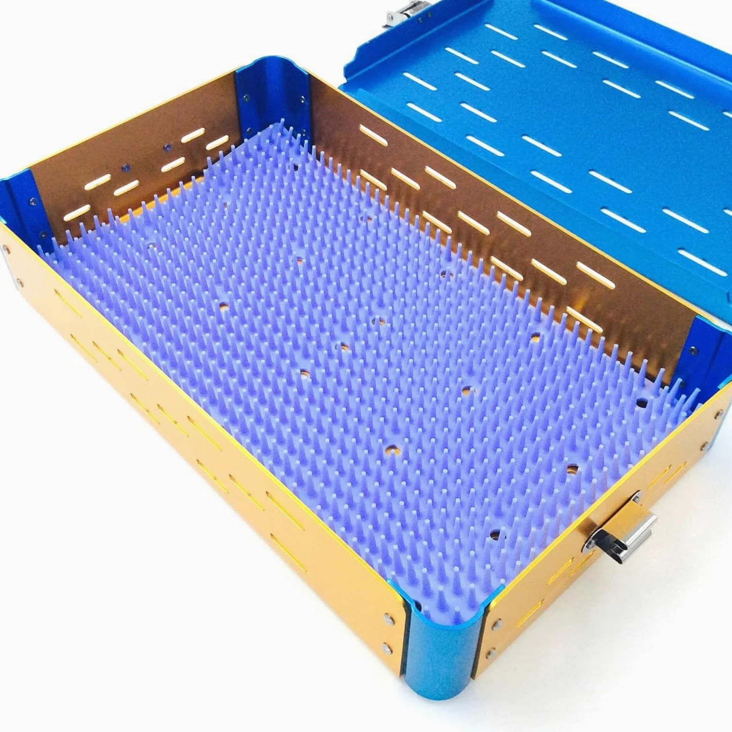 Caja de esterilización de instrumentos quirúrgicos médicos, bandeja de cesta ultrasónica de desinfección de aluminio con estera de silicona