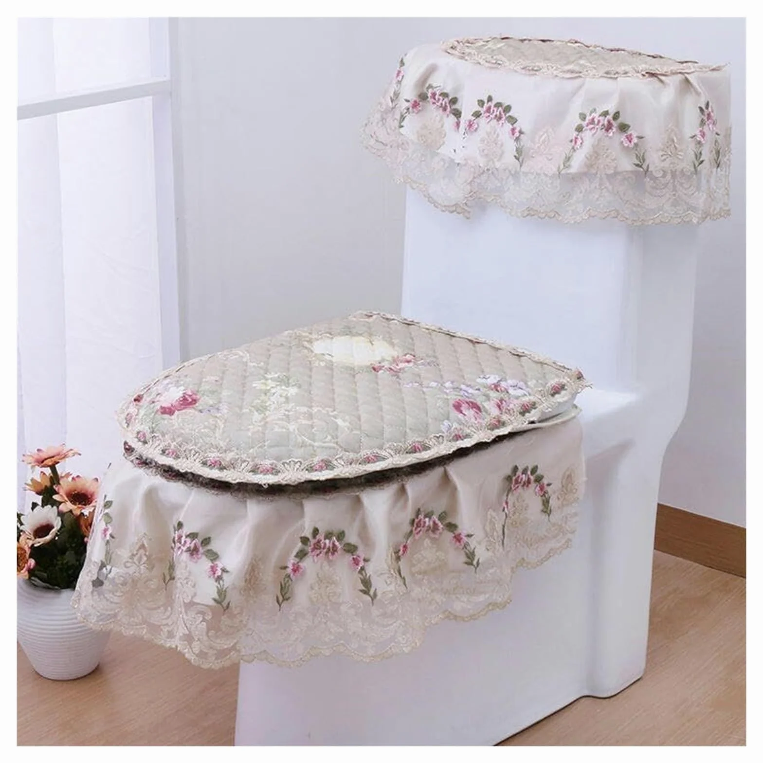 Tapas de inodoro y cubiertas de tanque Asiento de inodoro, cojín for asiento de inodoro, juego de tapa de inodoro de terciopelo de chenilla con encaje, tapa de inodoro y tapas de tanque, almohadillas