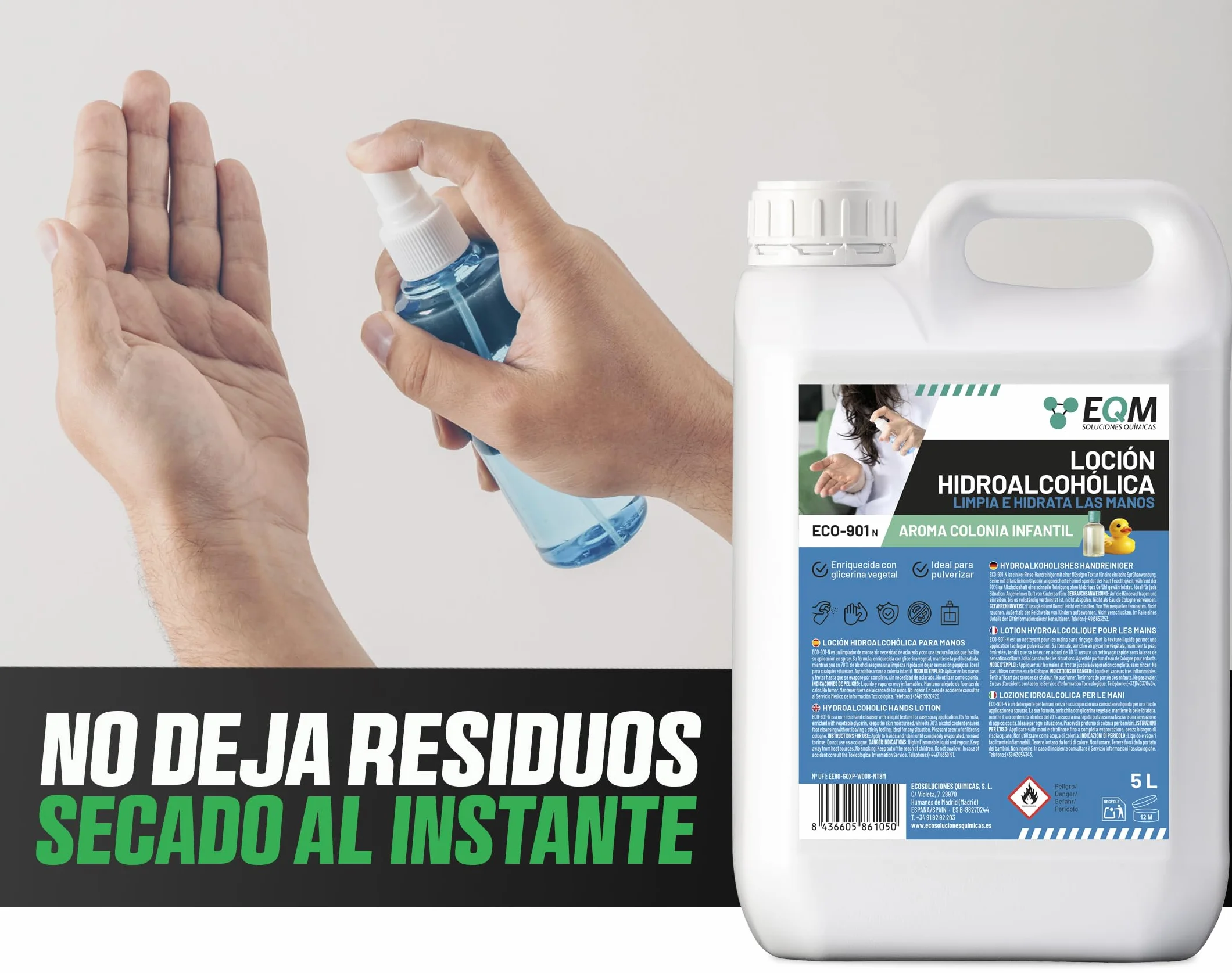 EQM ECO-901N Loción Hidroalcohólica de Manos Perfumada 5L con Glicerina