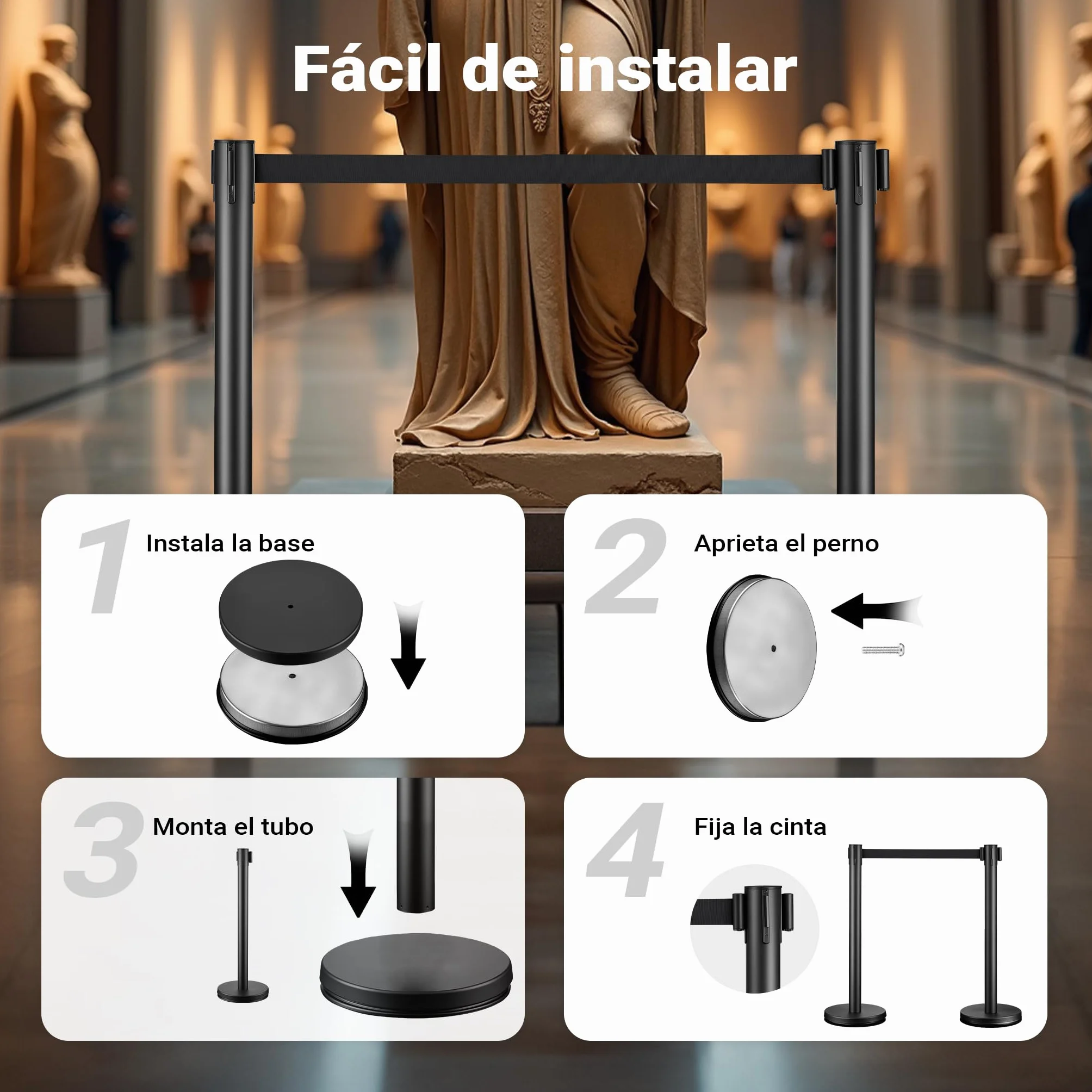 Wiltec Juego de 2 postes separadores con cinta retráctil 200 cm, acero inoxidable, negro
