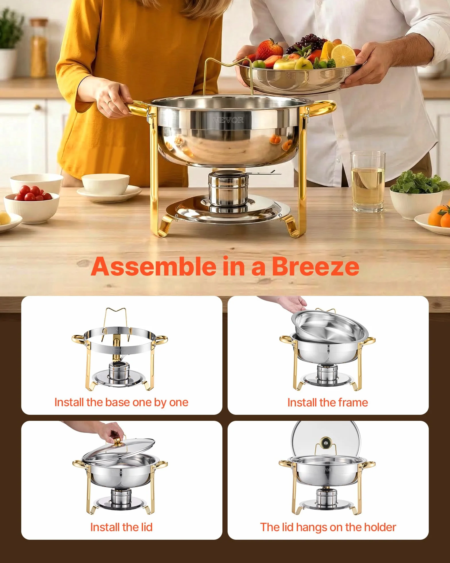 VEVOR Calentador de Alimentos para Bufé 4 Recipientes 4,7 L Redondo Tapa de Cristal Bandeja de Agua Soporte Plegable Dorado