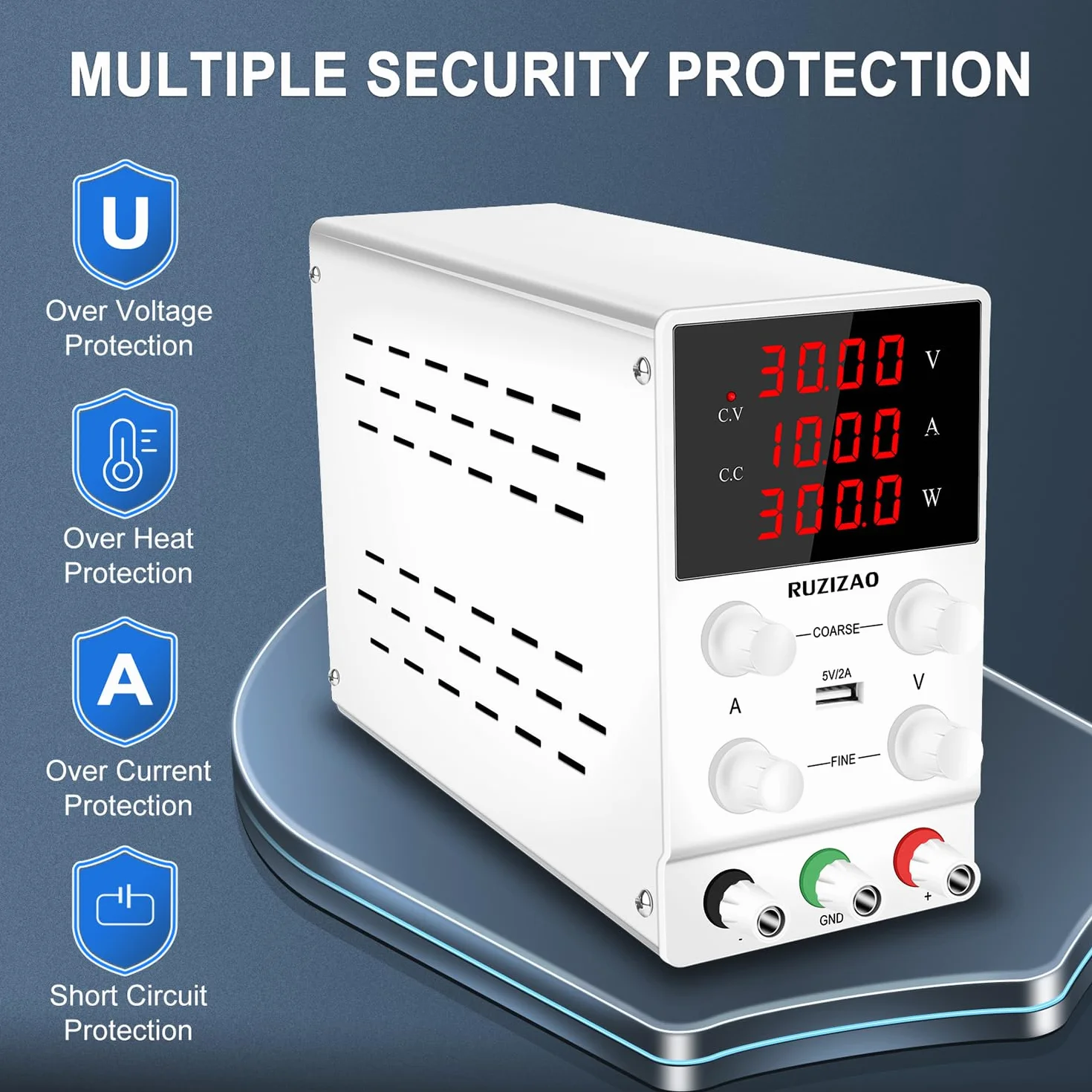 Fuente de Alimentación Regulable 30V 10A, Fuente de Alimentación de Laboratorio con Pantalla LED de 4 Dígitos y Puerto USB, Fuente de Alimentación de Banco Regulación Precisa y Salida Stable
