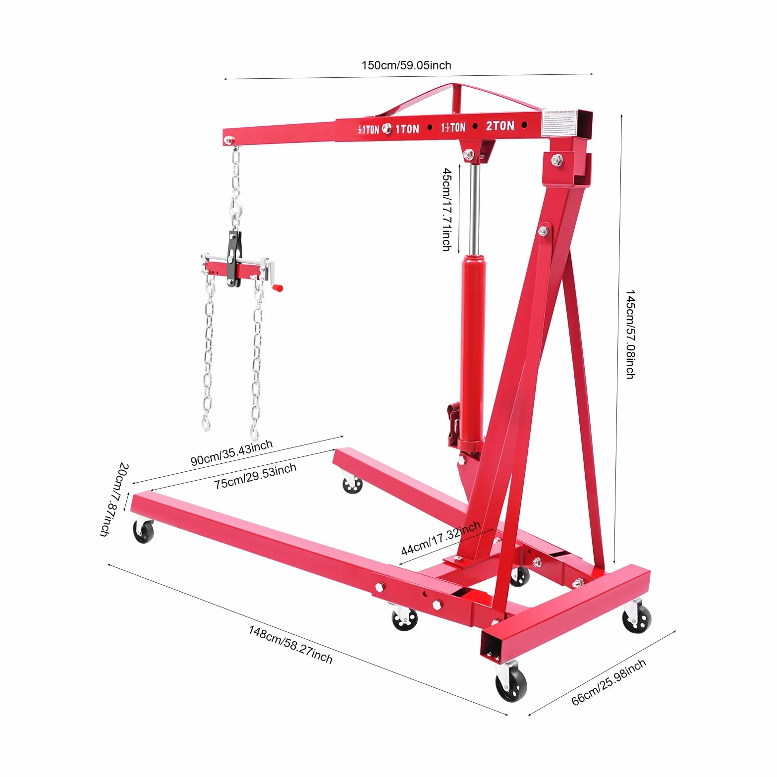 Grúa Hidráulica Plegable 2 T con Nivelador de Motor, Elevador Taller Mecánico 4 Posiciones Ajustables Ruedas para Coches Motores Transmisiones