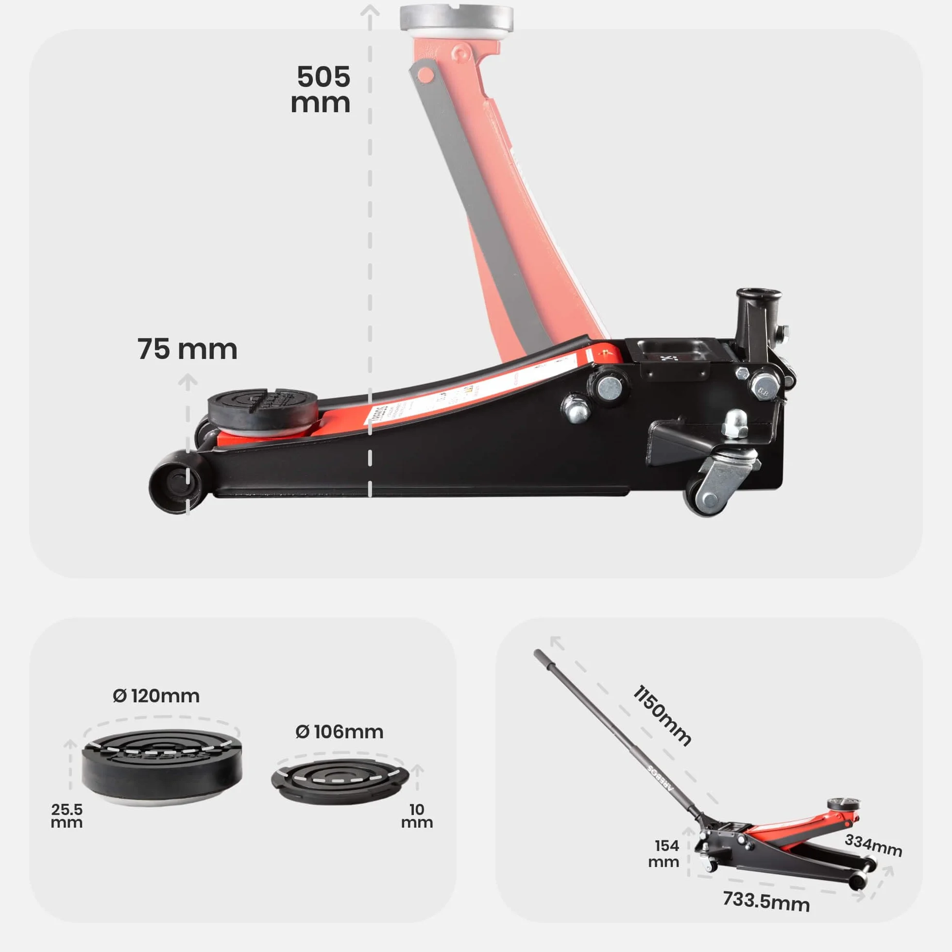 Arebos Gato hidráulico Plano 3T | 2 Soportes | 3 toneladas de Capacidad de Carga | 2 Soportes | Gato para Taller y aficiones | Gato para automóviles
