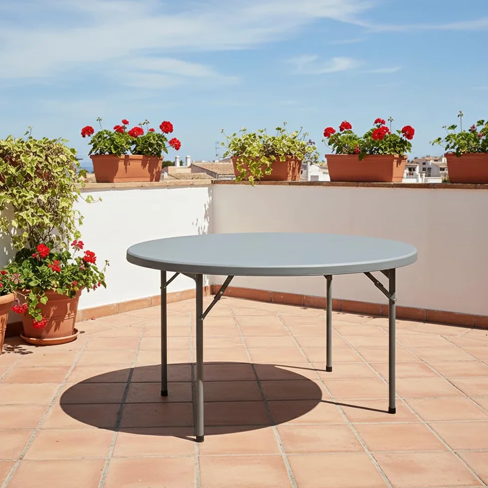 Mesa Redonda Grande de 160 x 160cm con Patas Plegables de Exterior, Jardín, Catering y Hostelería. Auxiliar para Comedor y Camping, de 8 Personas, Fácil de Transportar, Portátil y de PVC