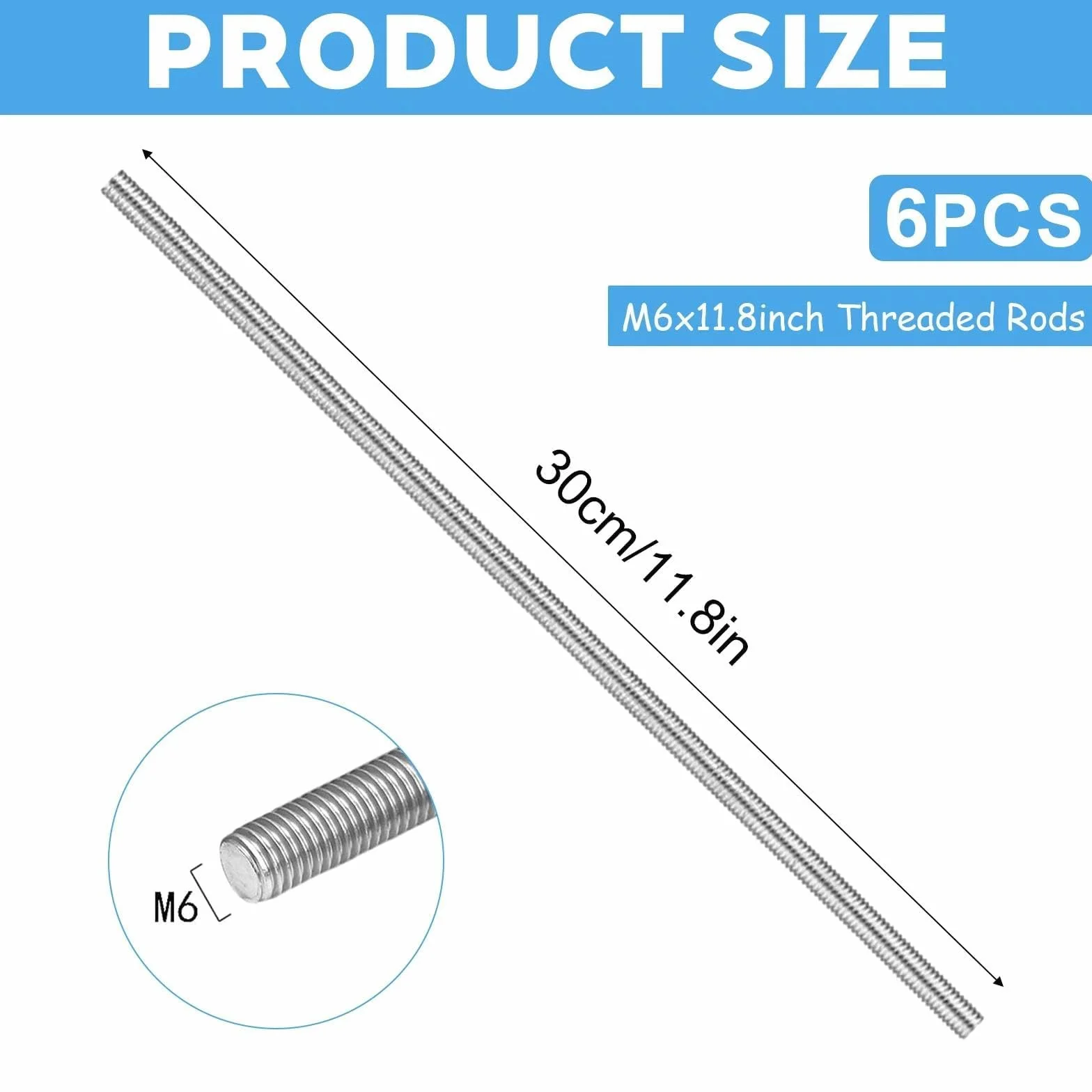 Varilla Roscada M6 x 300 mm Acero Inoxidable 304 Paso 1mm A2-70 6 Piezas