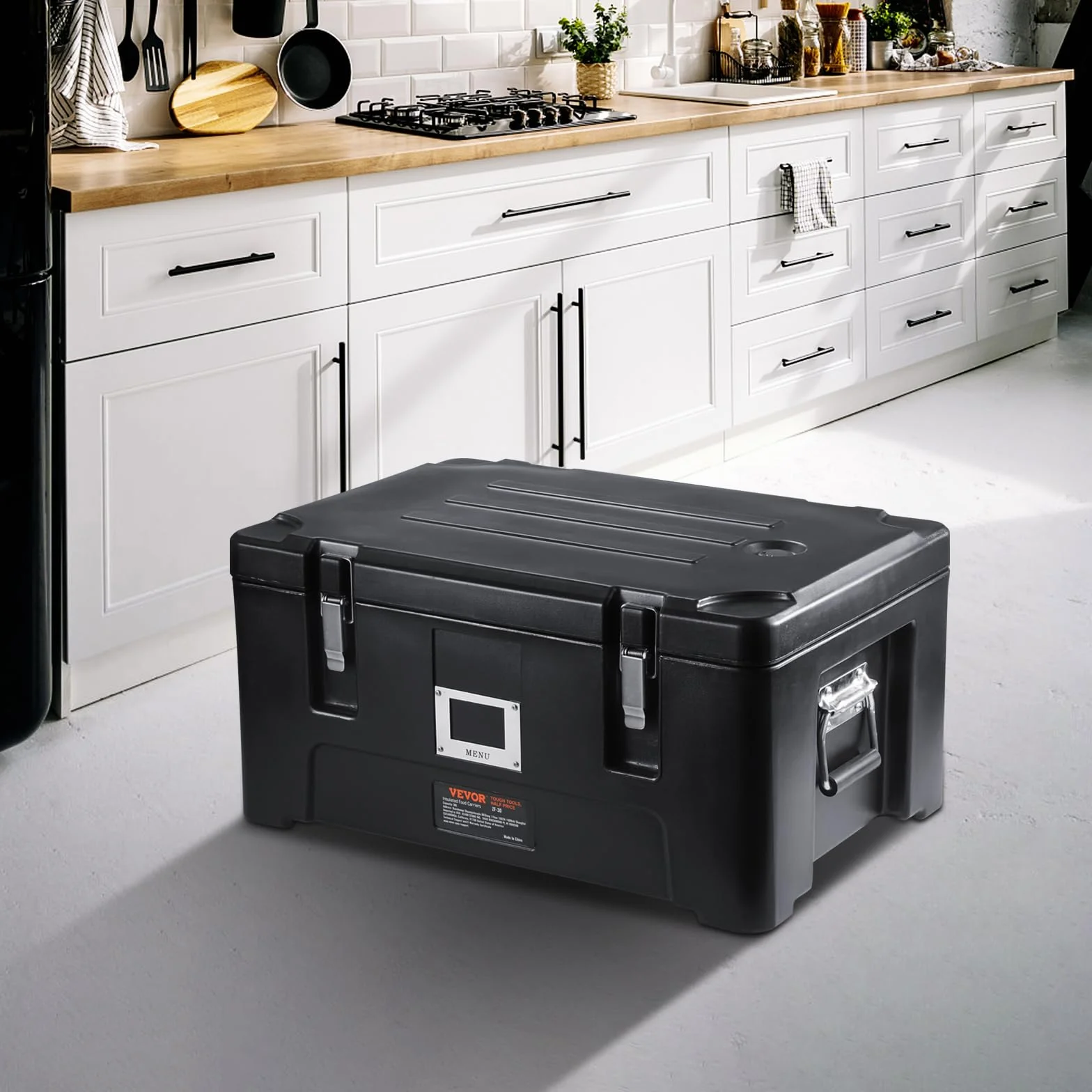 VEVOR Transportador de alimentos aislado 36 cuartos caja caliente apilable para catering con 3 sartenes de acero inoxidable calentador de alimentos LLDPE con asas laterales elásticas y hebillas, Negro